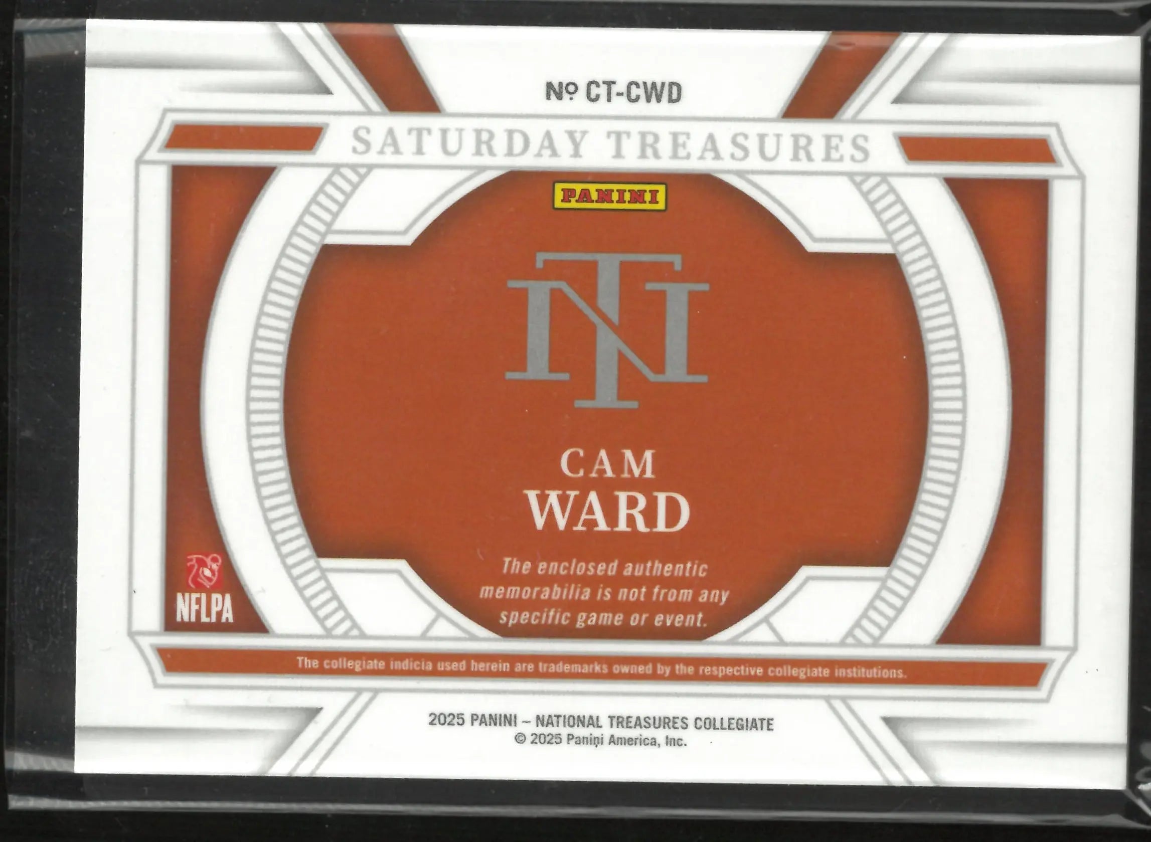 2025 Panini National Treasure Saturday Treasures Collegiate Cam Ward Patch Rookie RC /25 