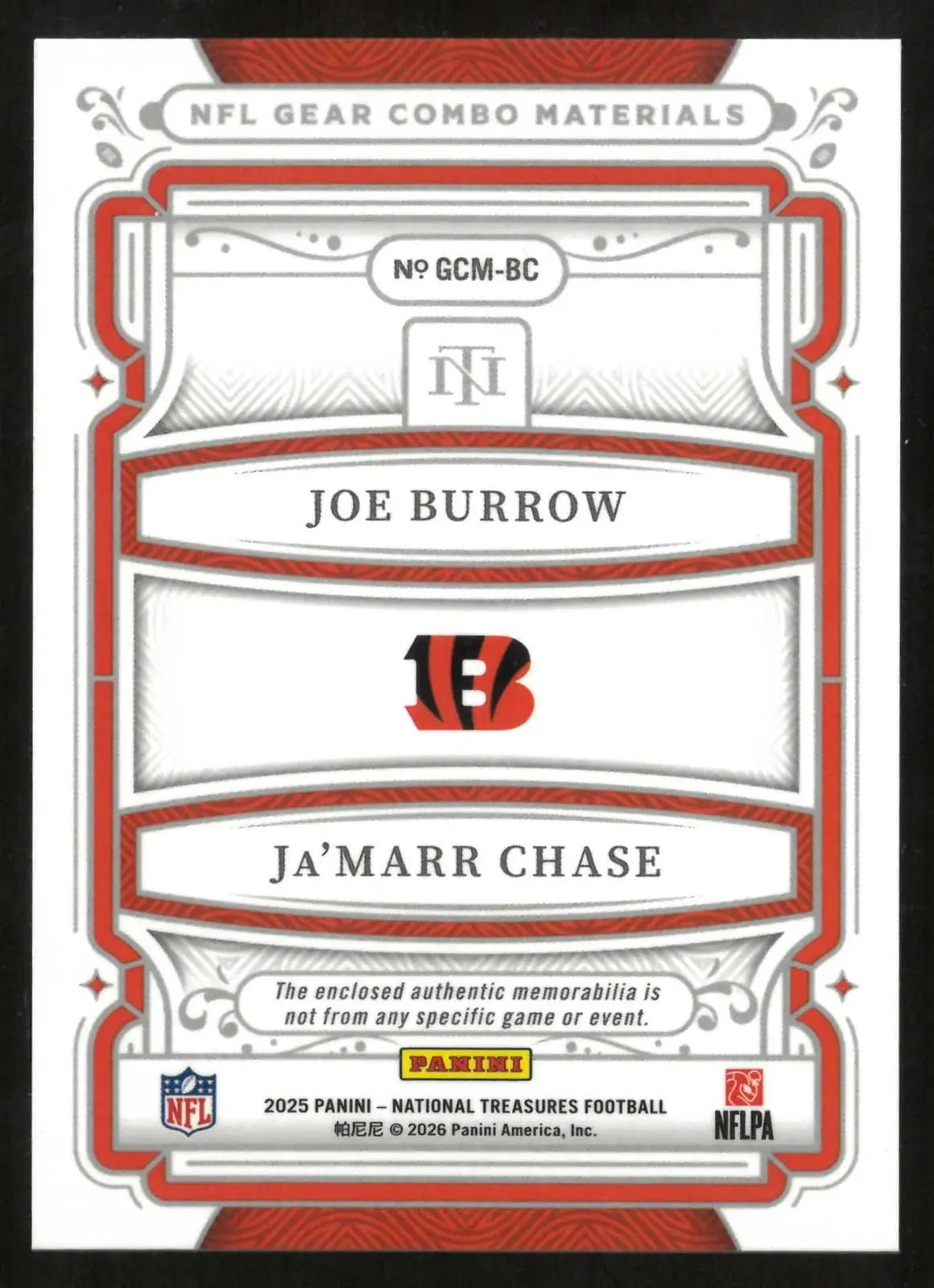 2025 Panini National Treasures NFL Gear Materials Dual Patch Burrow/Chase 