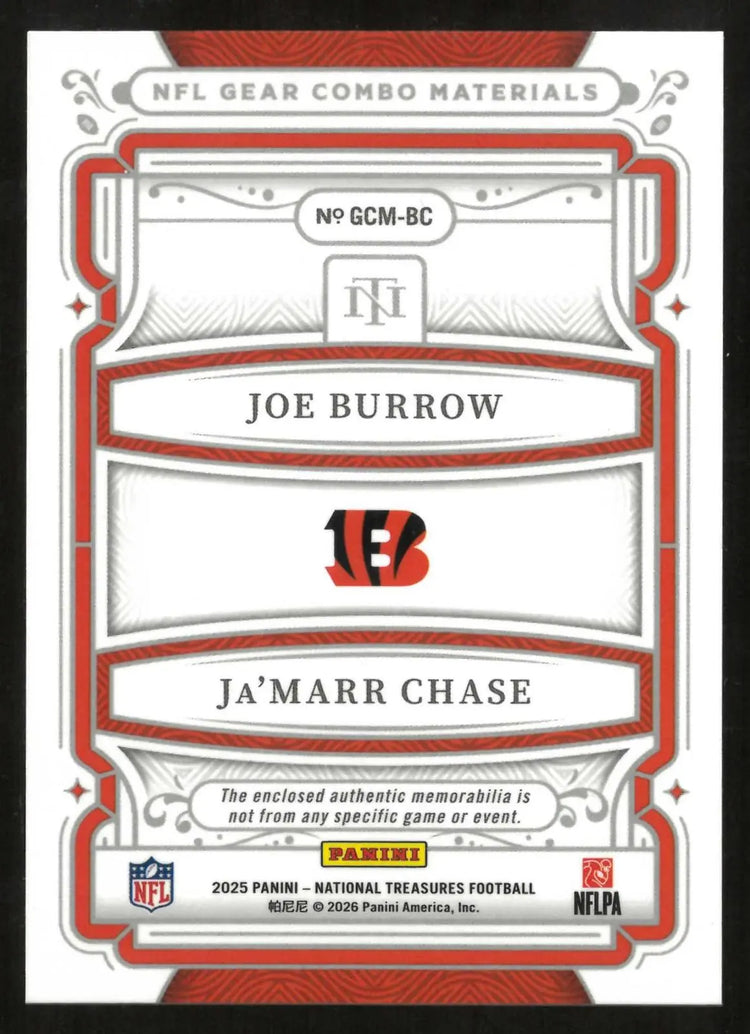 2025 Panini National Treasures NFL Gear Materials Dual Patch Burrow/Chase 