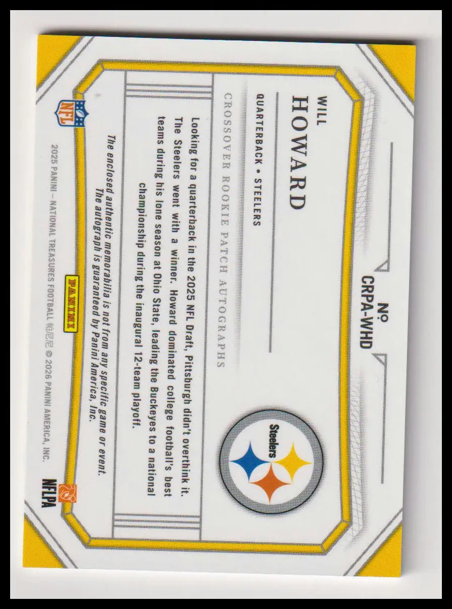 2025 Panini National Treasures Rookie Patch Autograph Will Howard Auto /99 RC 