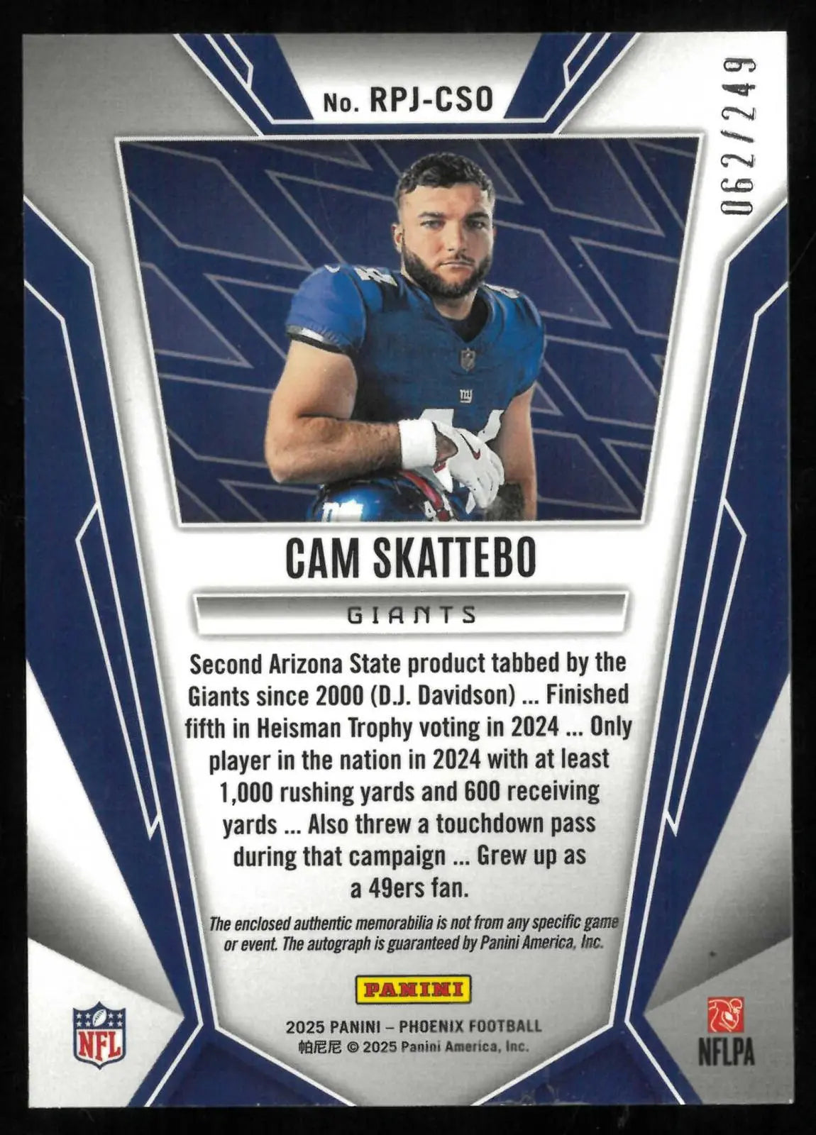 2025 Panini Pheonix Football Rookie Phenom Autograph Patch Cam Skattebo RC /249 