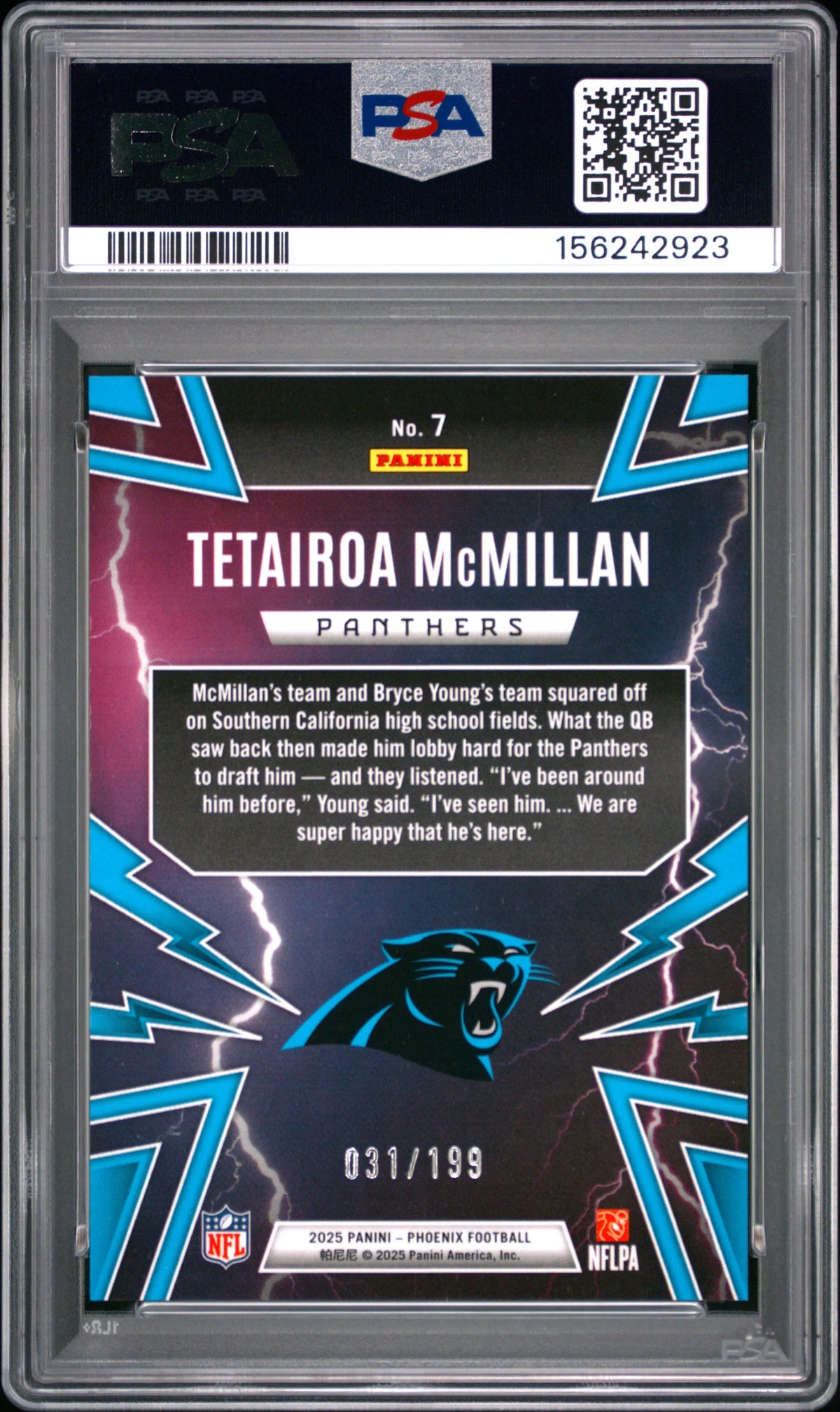 2025 Panini Phoenix Thunderbirds Rookie Tetairoa Mcmillan Blue /199 RC PSA 10 