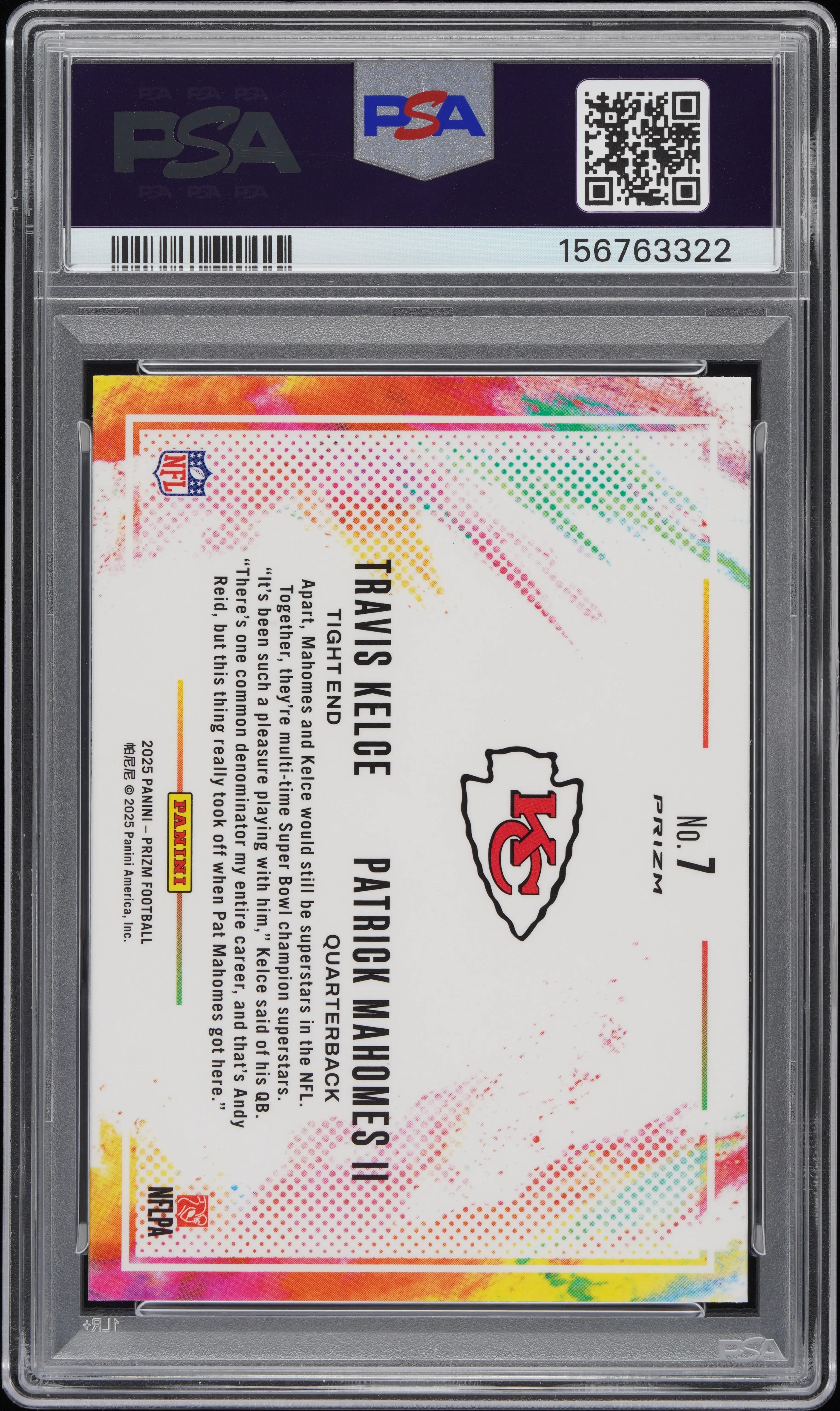 2025 Panini Prizm Color Blast Duals Mahomes II Kelce #7 PSA 10 