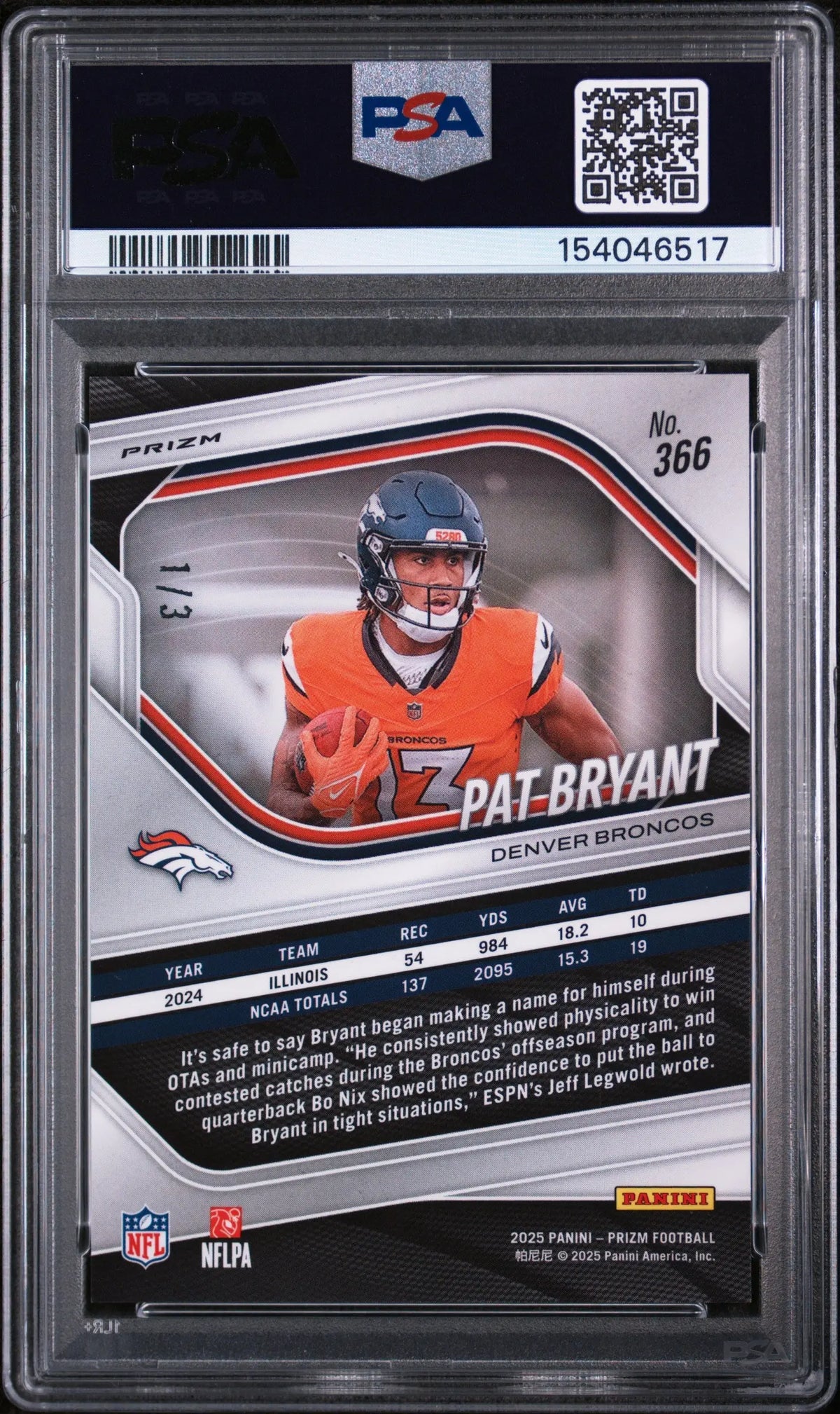 2025 Panini Prizm Football Rookie Pat Bryant White Knight Prizm RC 1/3 PSA 9 