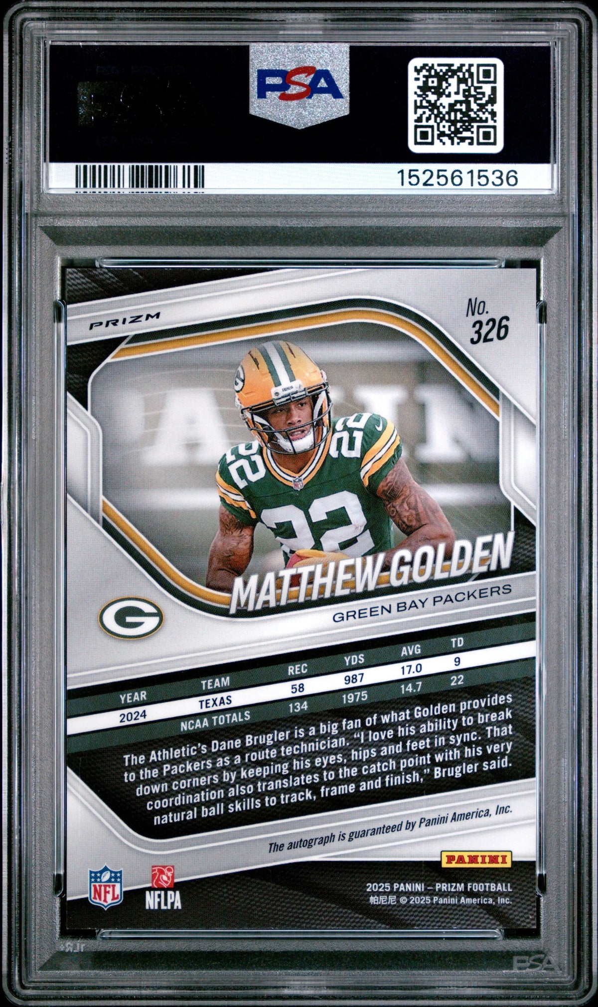 2025 Panini Prizm Rookie Autograph Matthew Golden Auto Silver Prizm RC PSA 9 