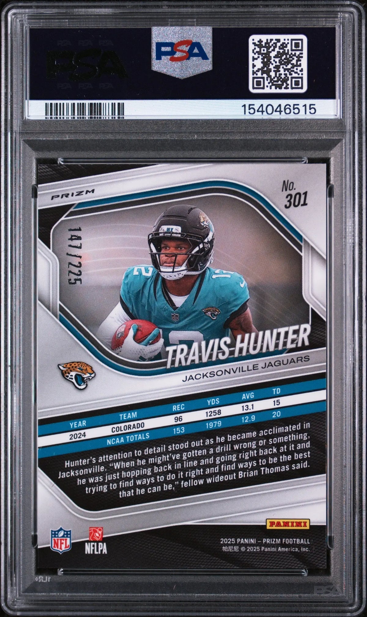 2025 Panini Prizm Rookie Travis Hunter Purple Ice /225 RC PSA 10 