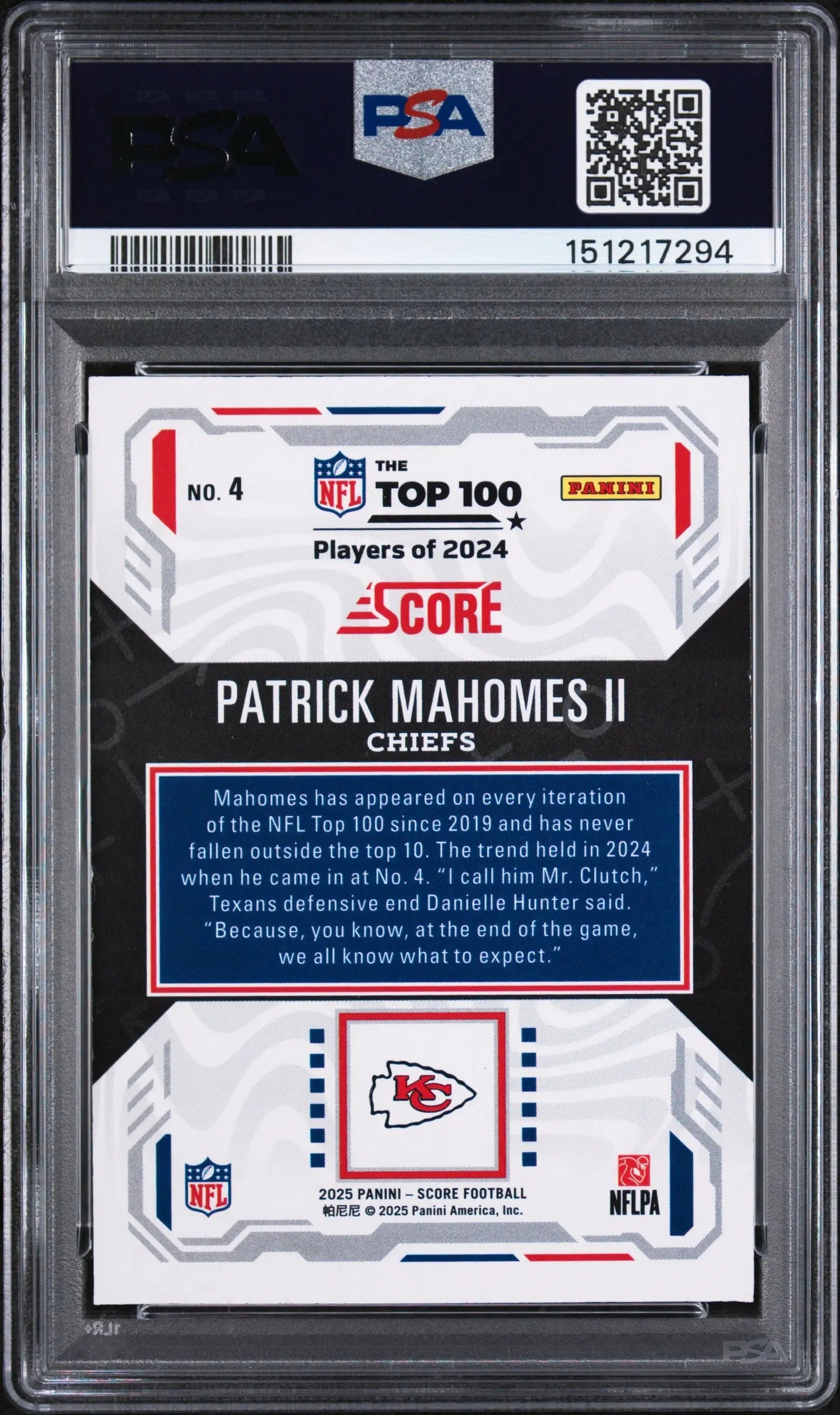 2025 Panini Score Top 100 Patrick Mahomes II PSA 9 