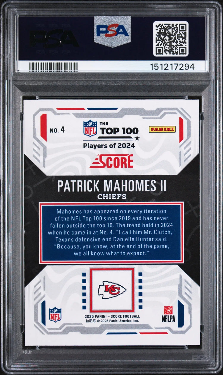 2025 Panini Score Top 100 Patrick Mahomes II PSA 9 