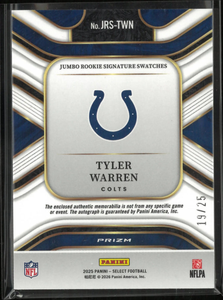 2025 Panini Select Prizm Rookie Patch Autograph Tyler Warren Tie Dye /25 RC 