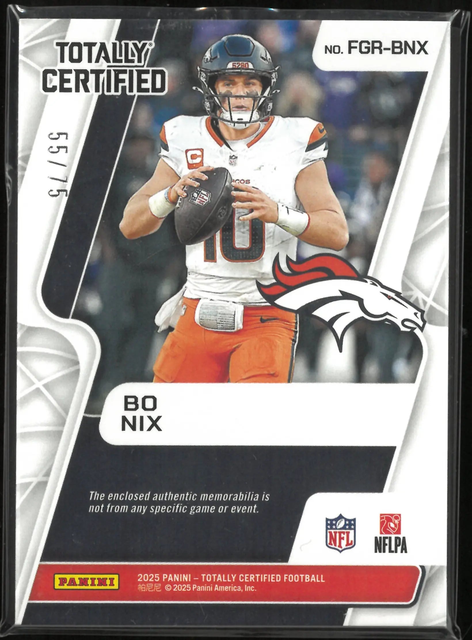 2025 Panini Totally Certified Fabrics of The Game Rookie Patch Bo Nix /75 RC 