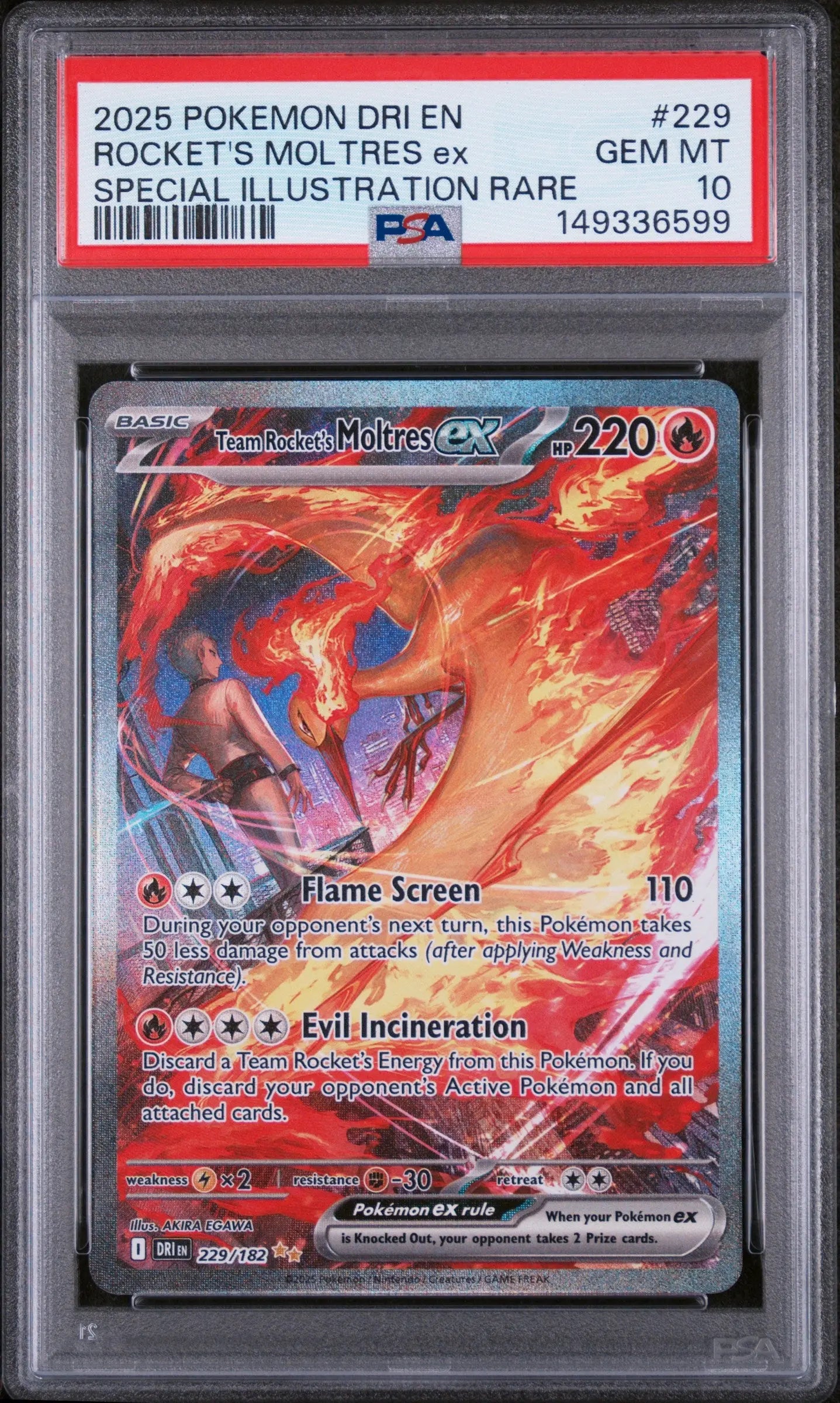 2025 Pokemon DR Special Illustration Rare Rocket's Moltres EX PSA 10 229/182 