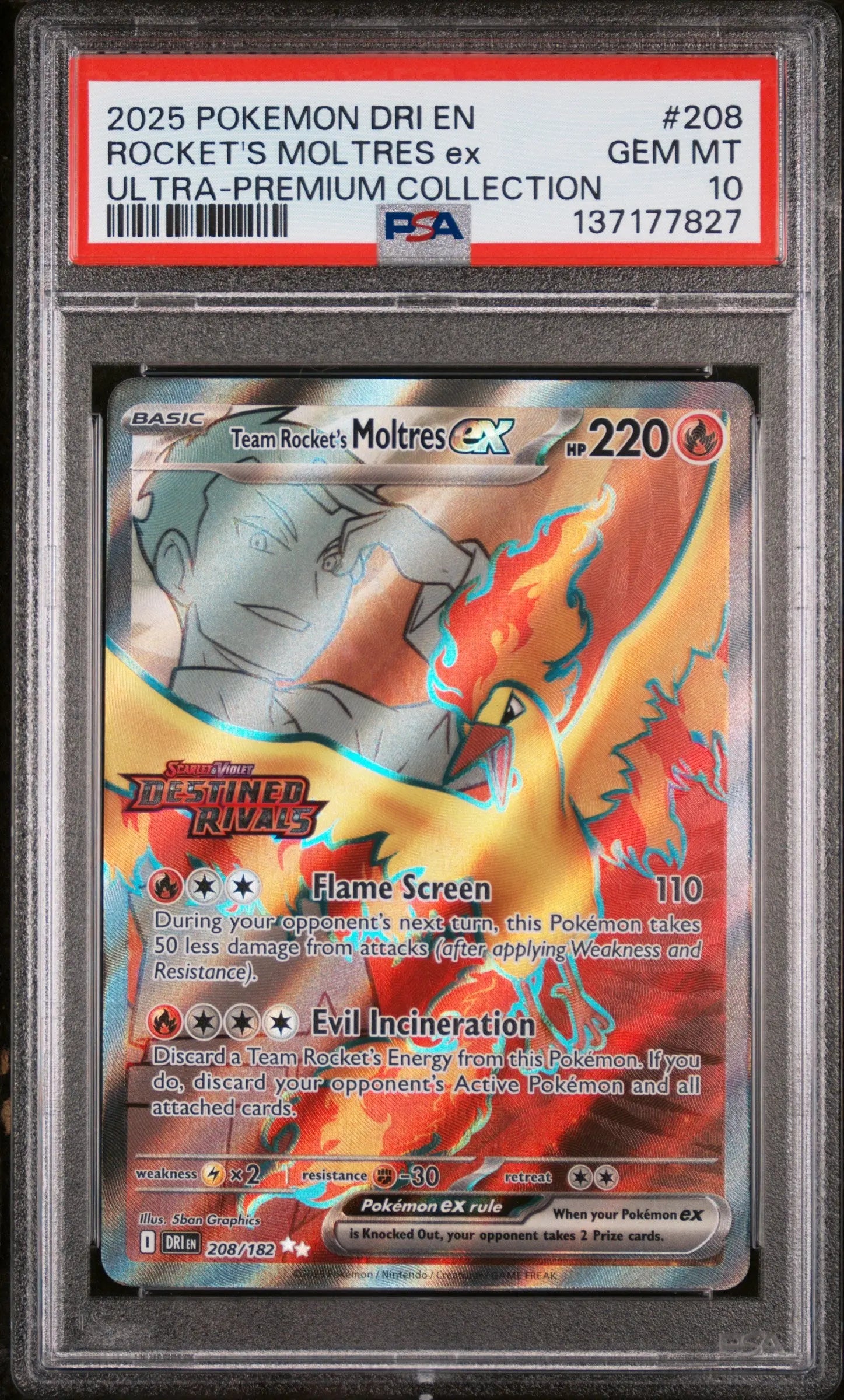 2025 Pokemon Destined Rivals Rocket's Moltres Ex 208/182 UPC PSA 10 