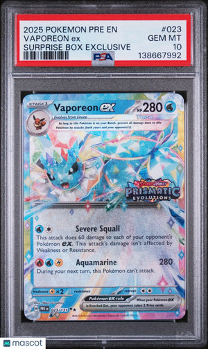2025 Pokemon  EN-Prismatic Evolutions Vaporeon EX Surprise Box Exclusive PSA 10 