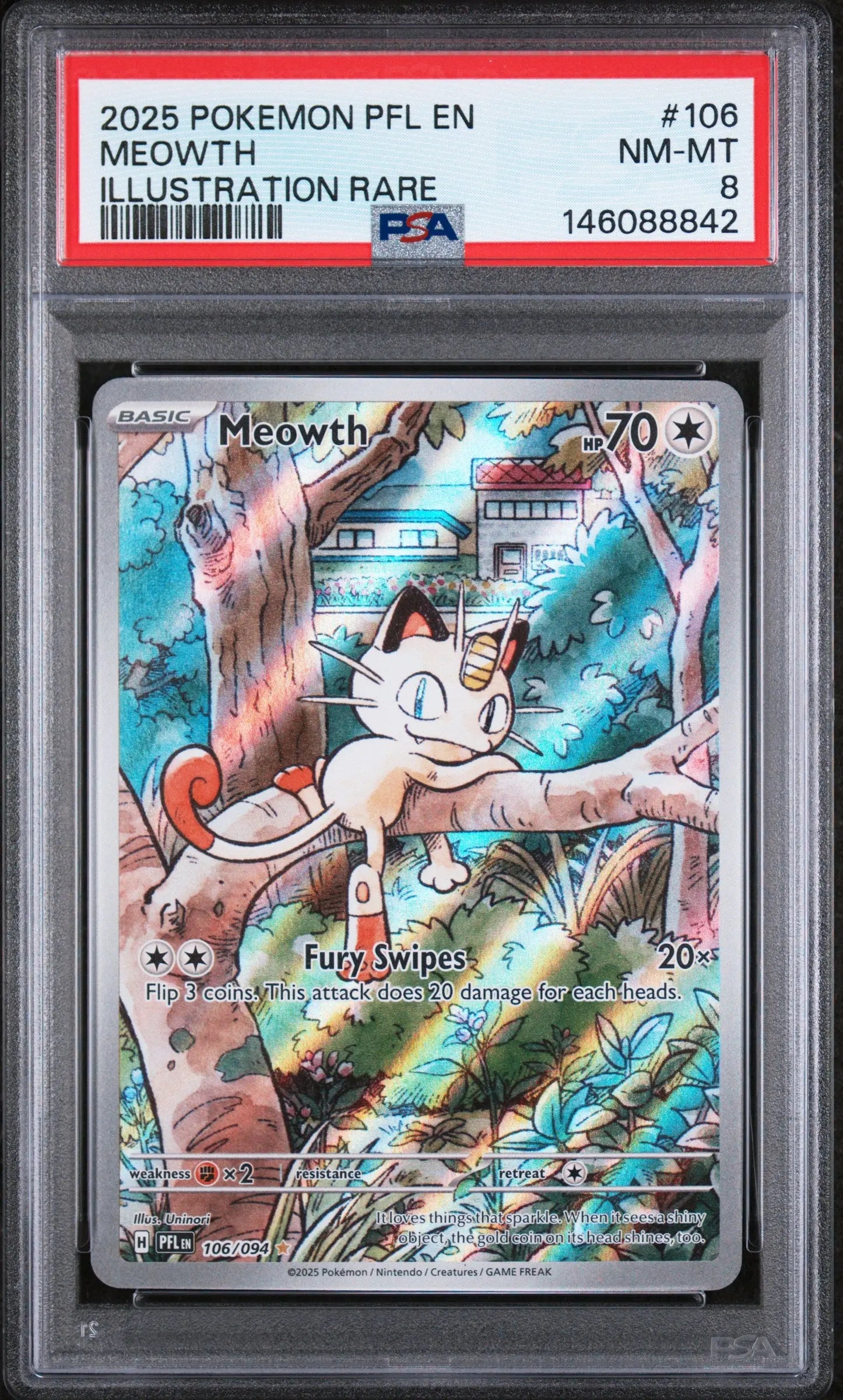 2025 Pokemon PFL EN-Phantasmal Flames Meowth Illustration Rare PSA 8 106/94 