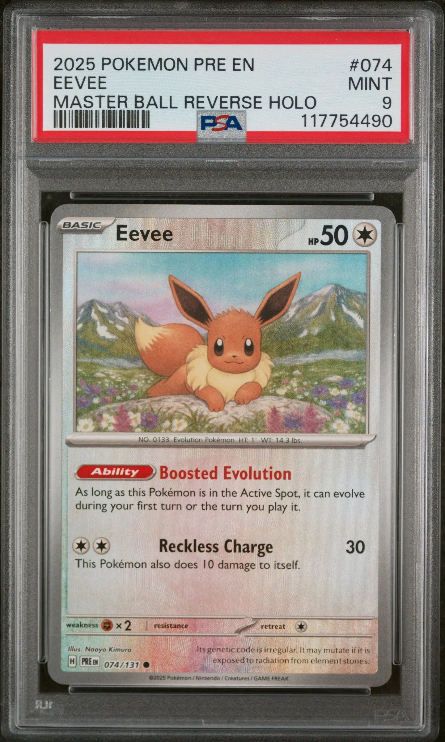 2025 Pokemon Pre EN-Prismatic Evolutions Eevee Master Ball Reverse Holo PSA 9 #074 