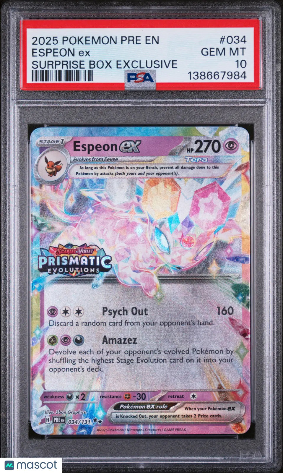 2025 Pokemon Pre EN-Prismatic Evolutions Espeon EX Surprise Box Exclusive PSA 10 
