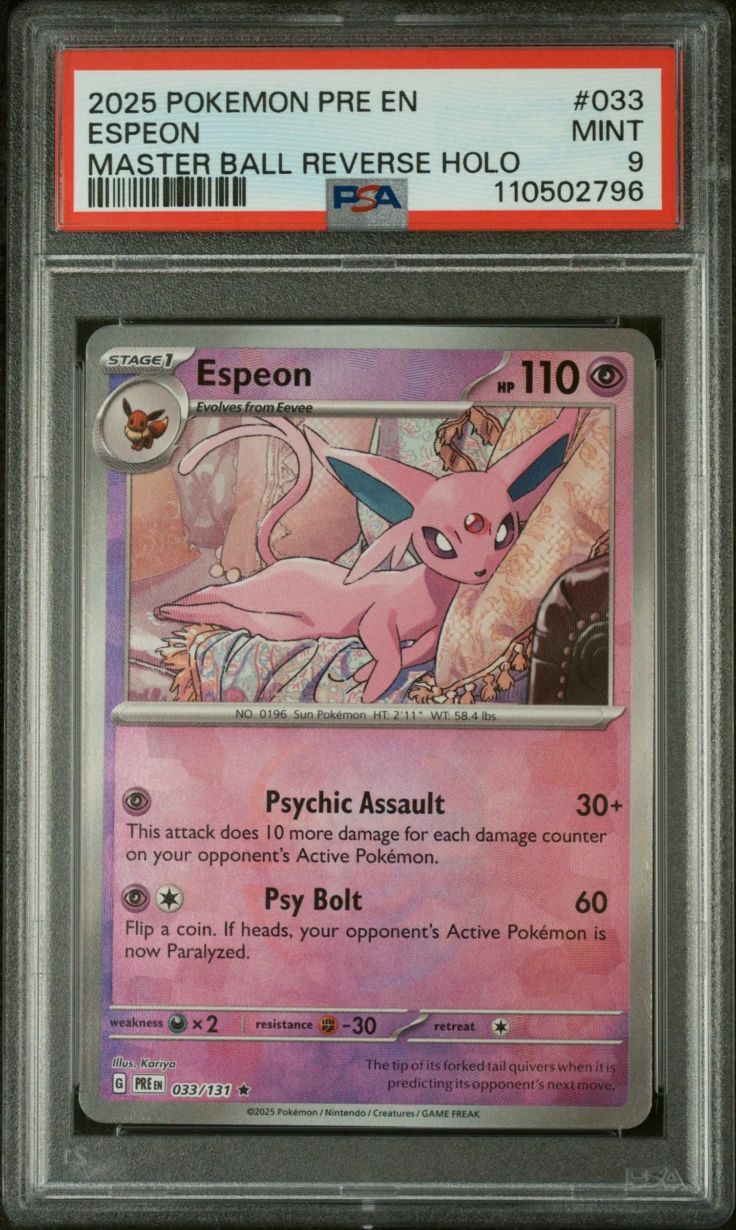 2025 Pokemon Pre EN-Prismatic Evolutions Espeon Master Ball Reverse Holo PSA 9 #033 