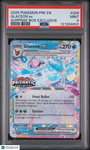 2025 Pokemon Prismatic Evolutions Glaceon EX 026/131 Surprise Box Stamped PSA 9 