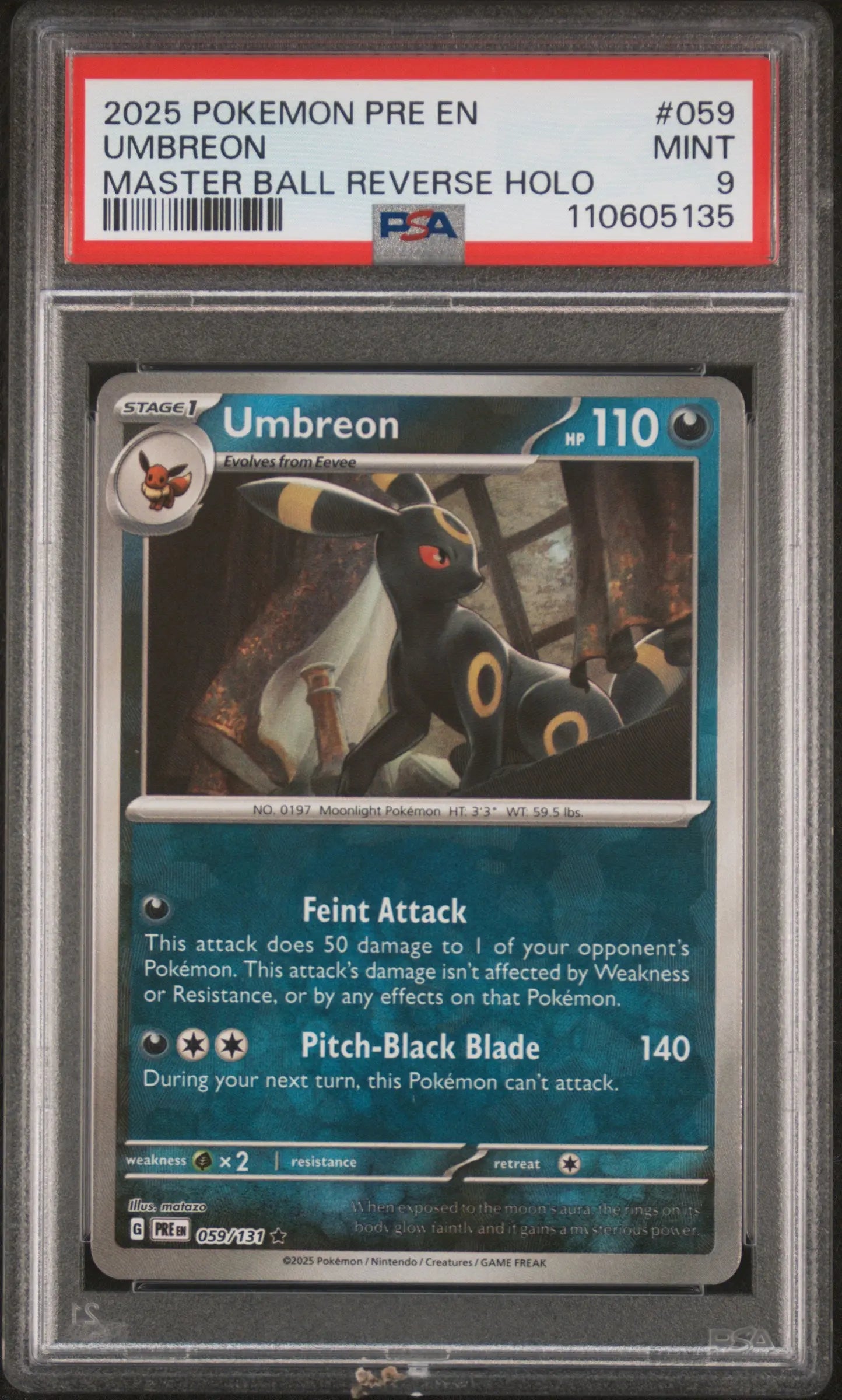 2025 Pokemon Prismatic Evolutions Umbreon Master Ball Reverse Holo 59/131 PSA 9 