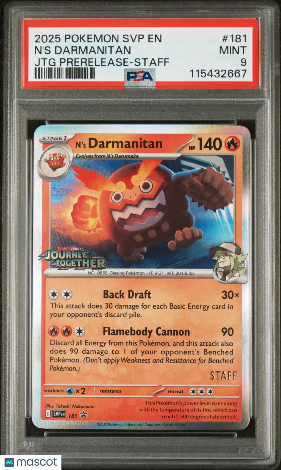 2025 Pokemon SV Black Star Promo N'S Darmanitan #181 JTG Prerelease-Staff PSA 9 