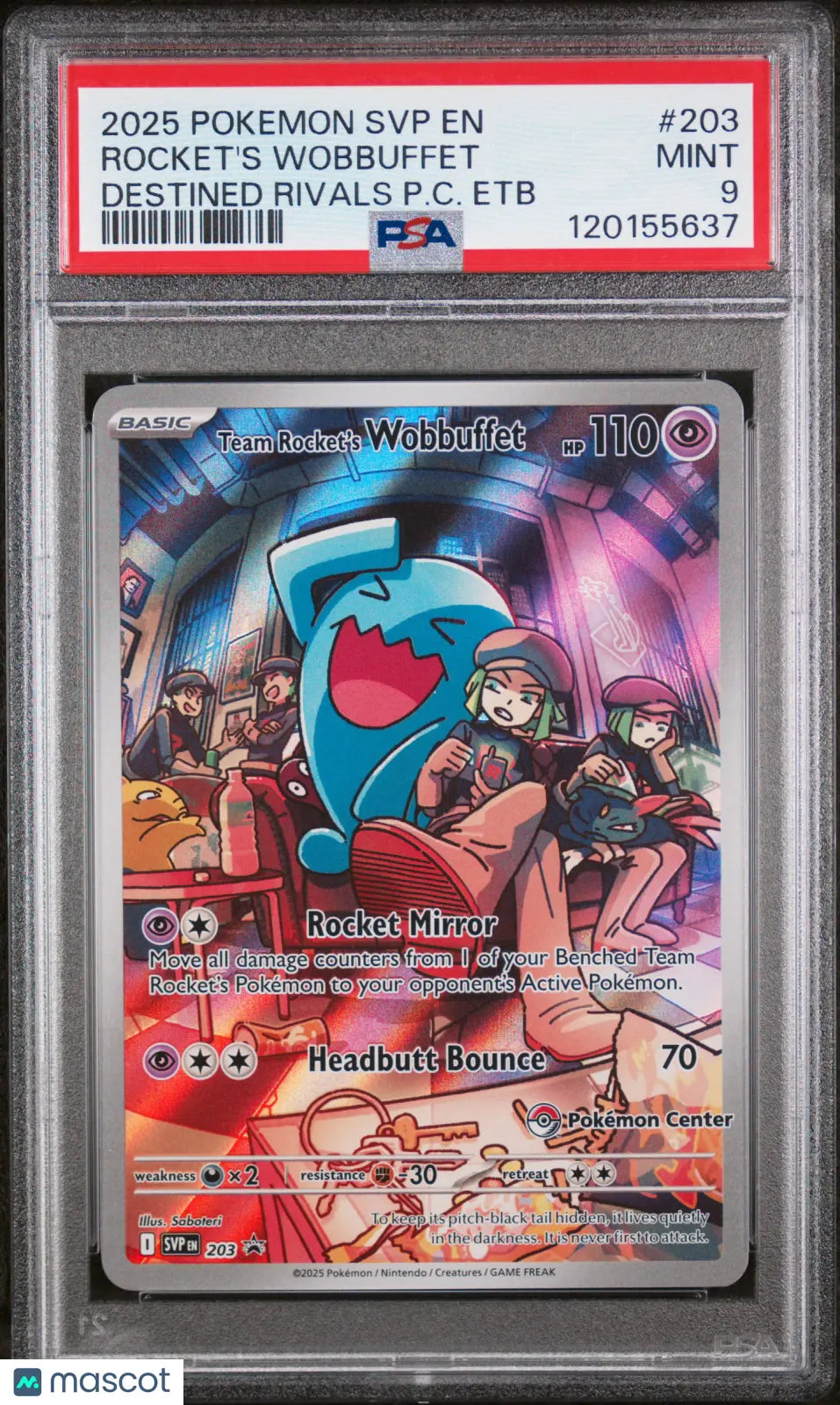 2025 Pokemon SVP EN-SV BSP Rocket's Wobbuffet #203 Destined Rivals PC ETB PSA 9 