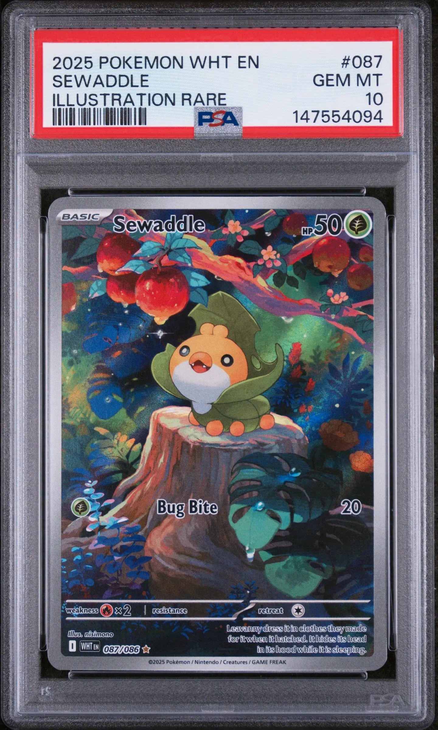2025 Pokemon WHT EN-White Flare Sewaddle Illustration Rare 087/086 PSA 10 