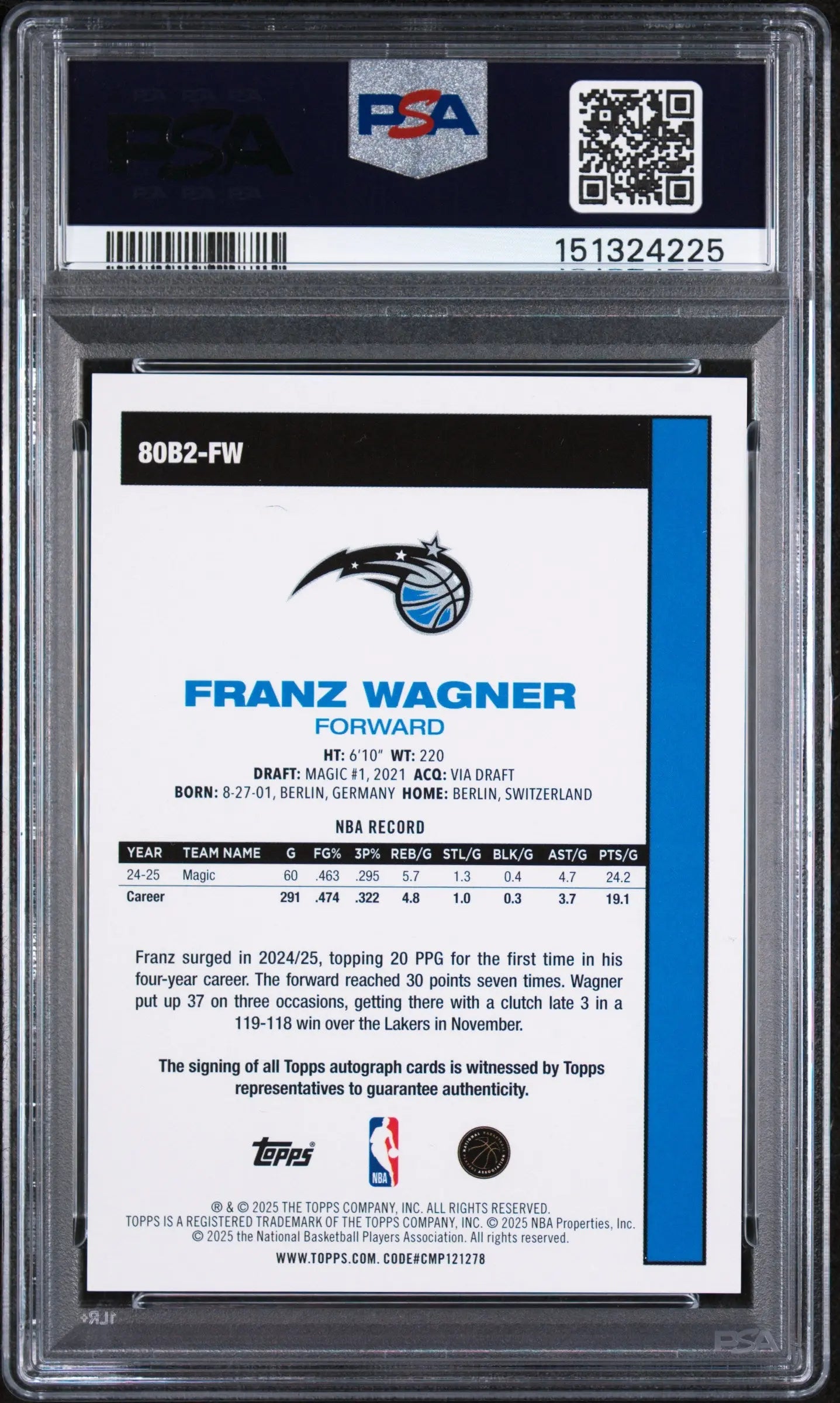2025 Topps 1980-81 Topps Basketball Autographs Franz Wagner Auto PSA 10 