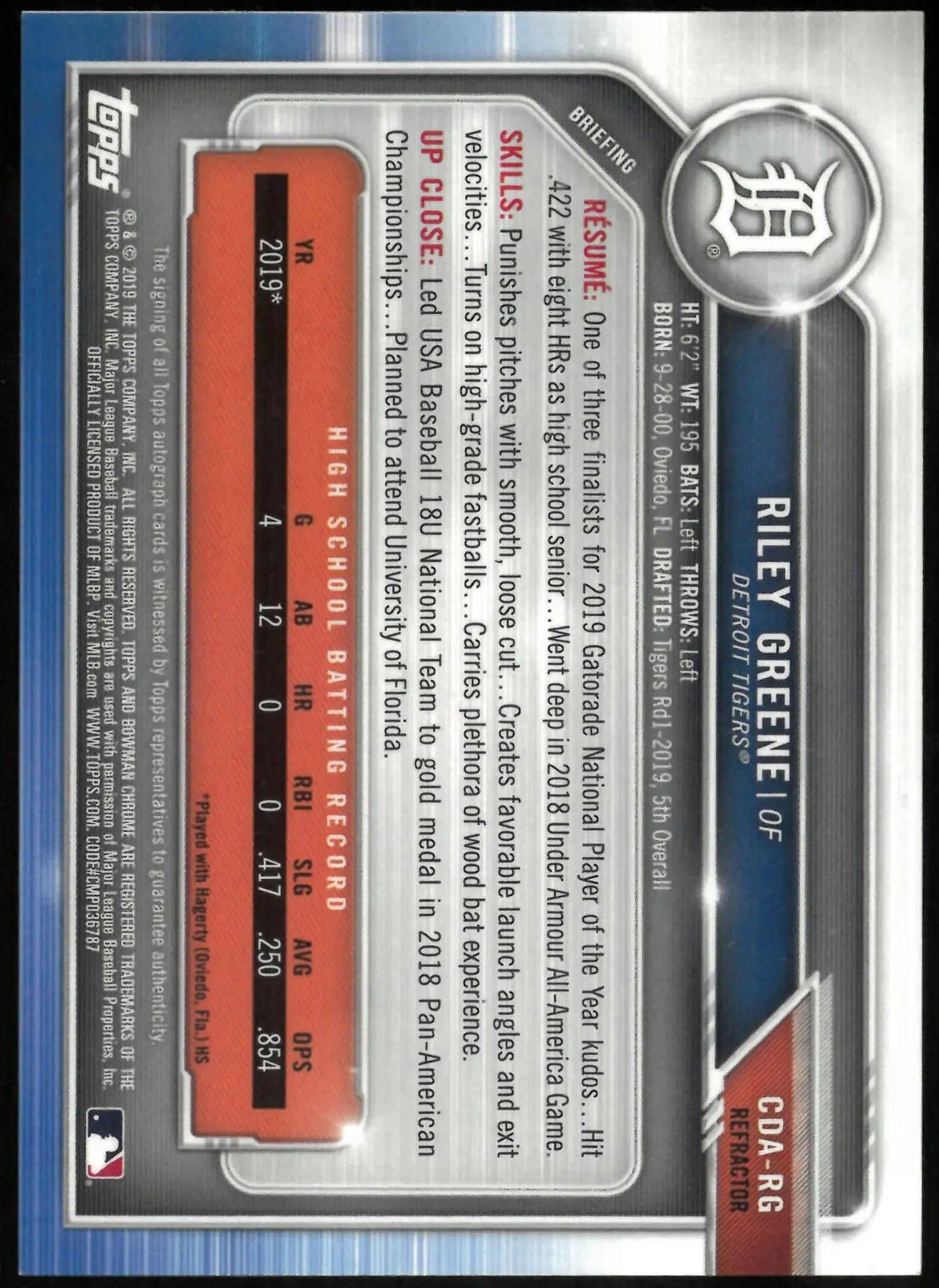 2025 Topps 1st Bowman Chrome Draft Auto Refractor Riley Greene /499 