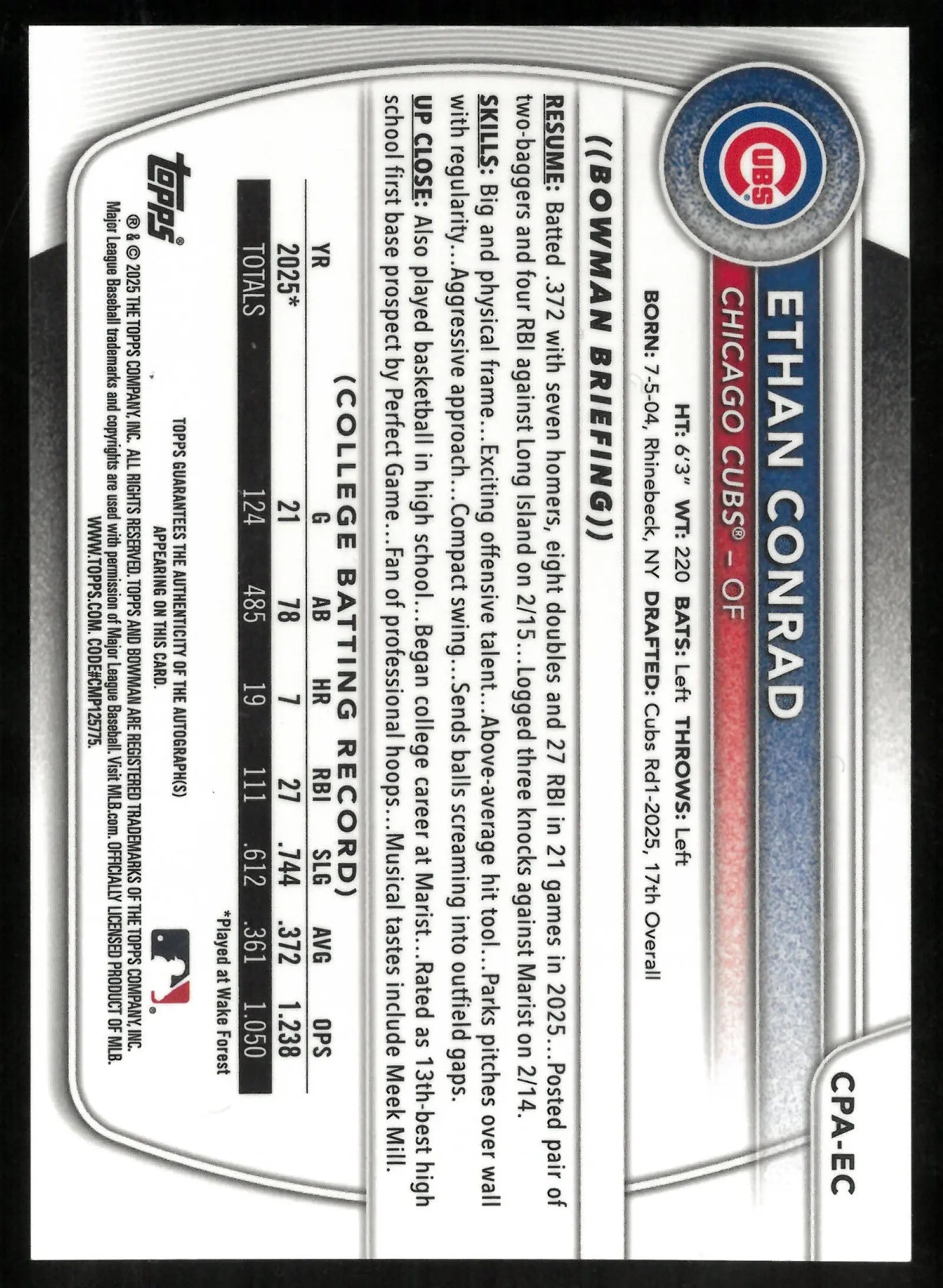 2025 Topps 1st Bowman Chrome Prospects Auto Blue Wave Ethan Conrad /150 