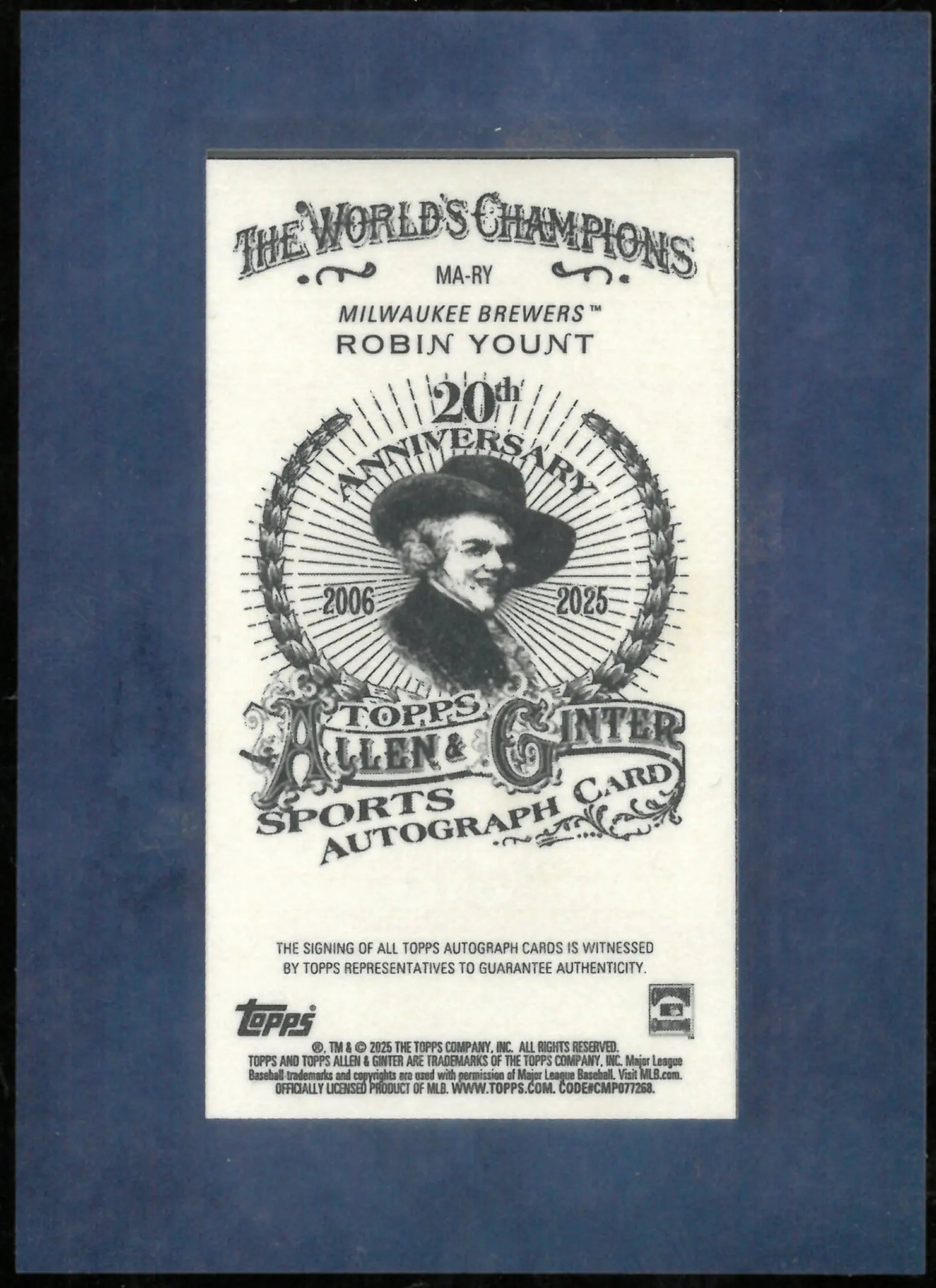 2025 Topps Allen & Ginter Baseball Blue Mini Auto Robin Yount /99 