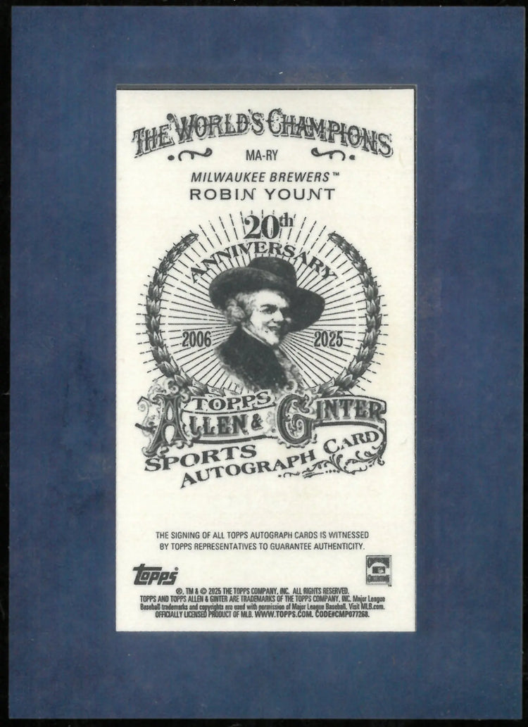 2025 Topps Allen & Ginter Baseball Blue Mini Auto Robin Yount /99 