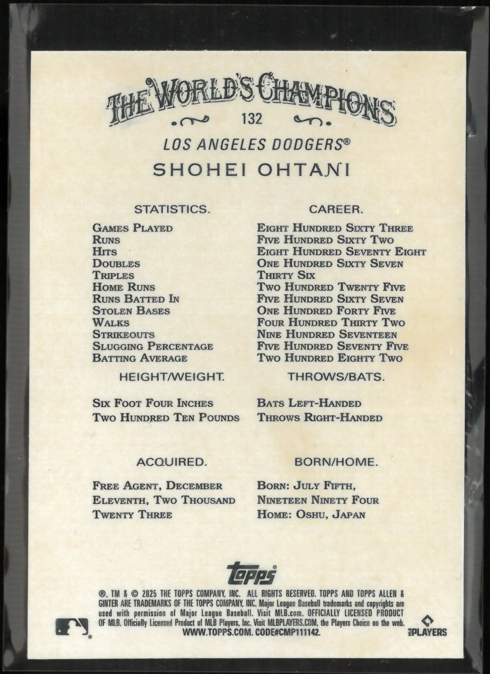 2025 Topps Allen & Ginter The World's Champions Shohei Ohtani 