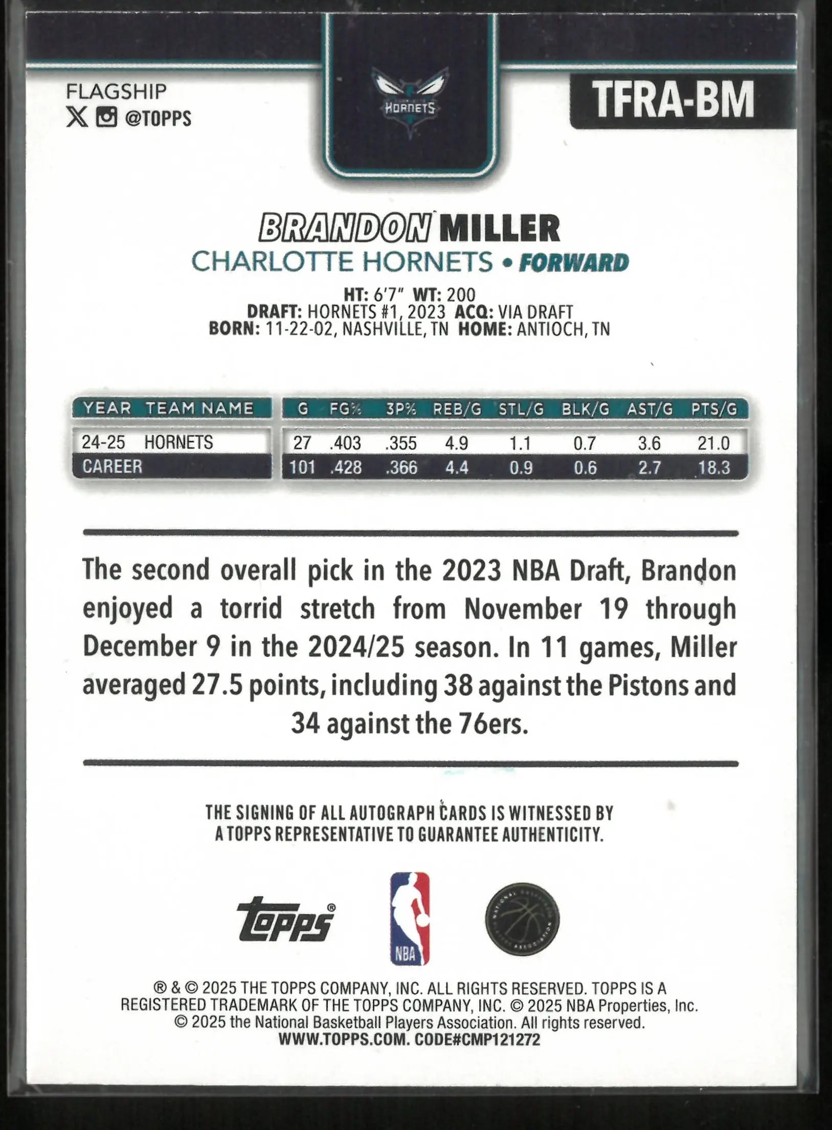 2025 Topps Autograph Brandon Miller Auto Red /5 