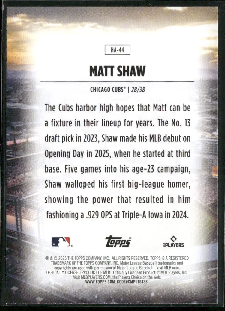 2025 Topps Baseball Home Field Advantage Rookie Matt Shaw 