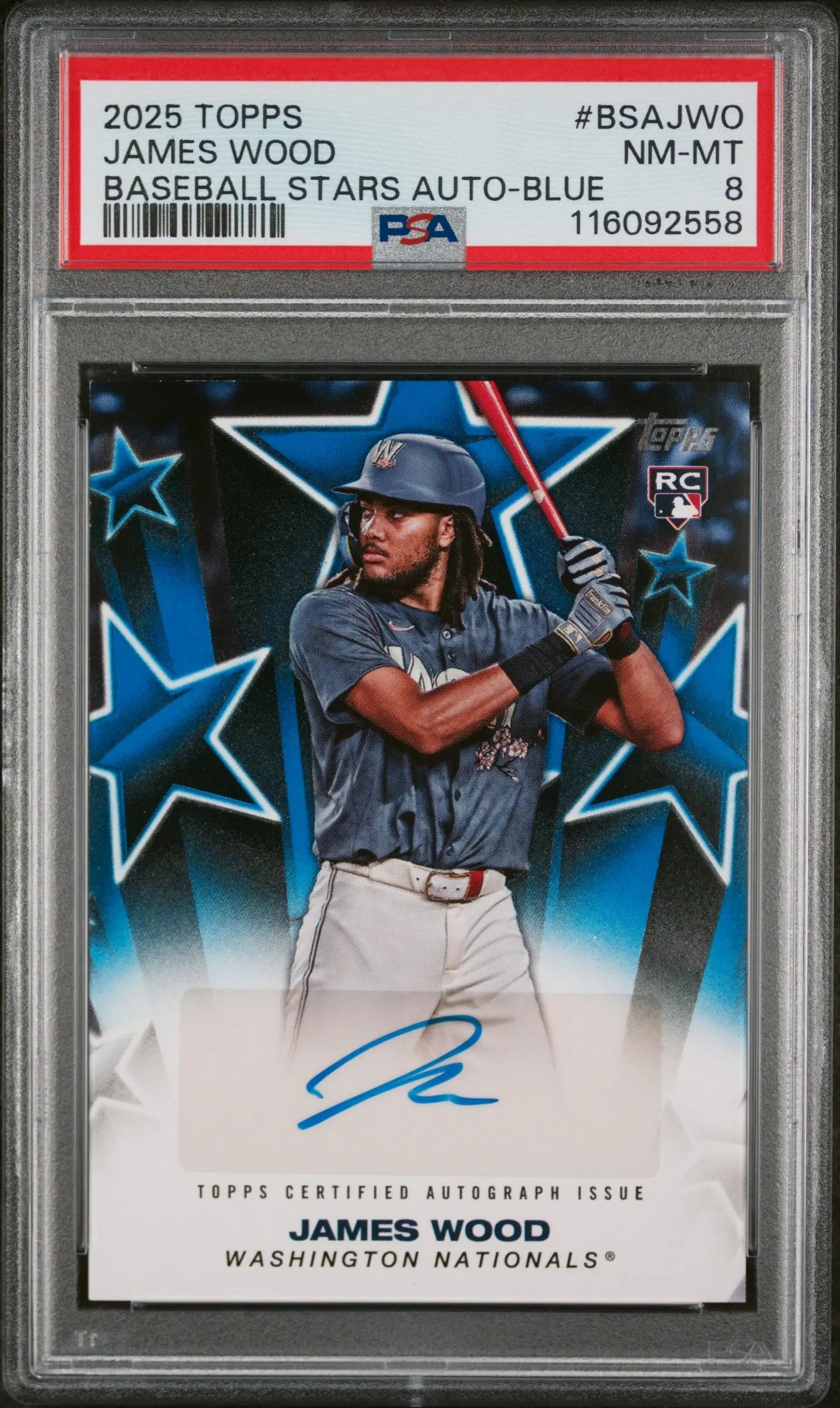 2025 Topps Baseball Stars Autographs Rookie James Wood Auto Blue /150 RC PSA 8 