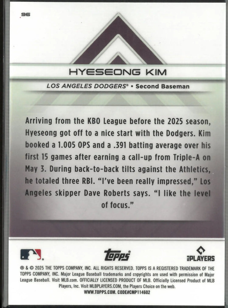 2025 Topps Baseball Transcendent Orange Rookie Hyeseong Kim /25 
