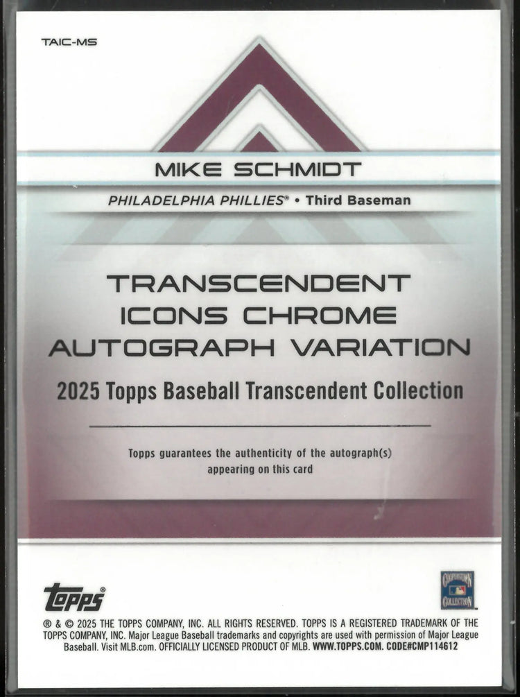2025 Topps Baseball Transcendent Red Icons Chrome Auto Mike Schmidt /5 