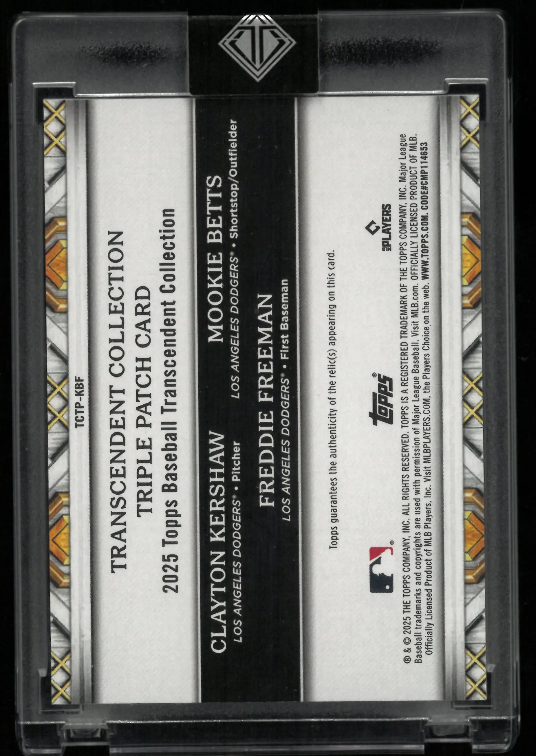 2025 Topps Baseball Transcendent Triple Patch Dodgers Kershaw/Betts/Freeman /5 