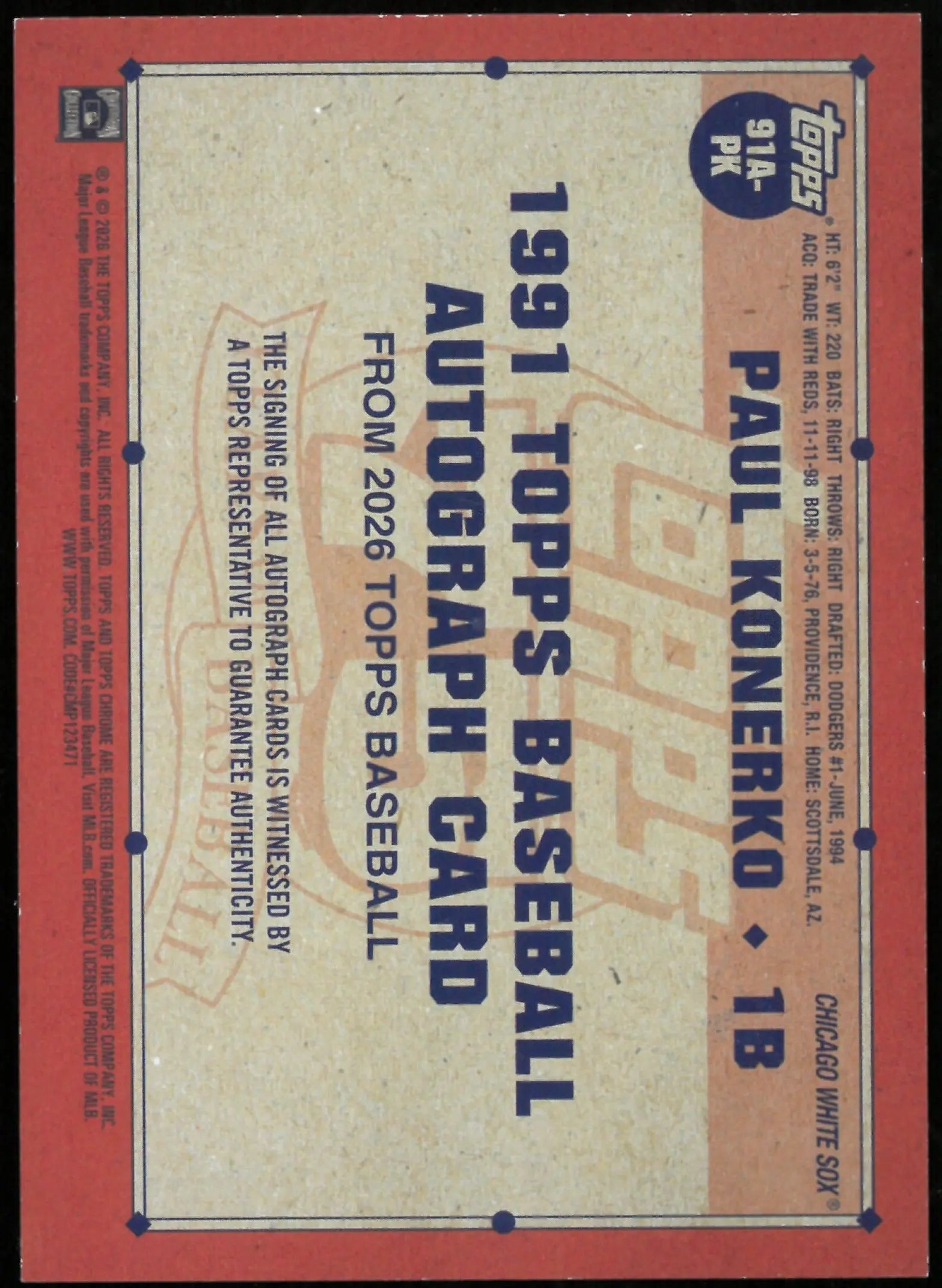 2025 Topps Baseball '91 Paul Konerko Gold 75 Years Auto /50 