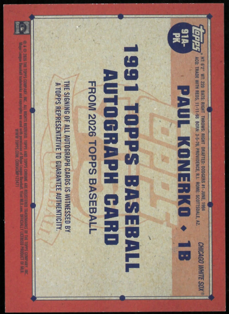 2025 Topps Baseball '91 Paul Konerko Gold 75 Years Auto /50 