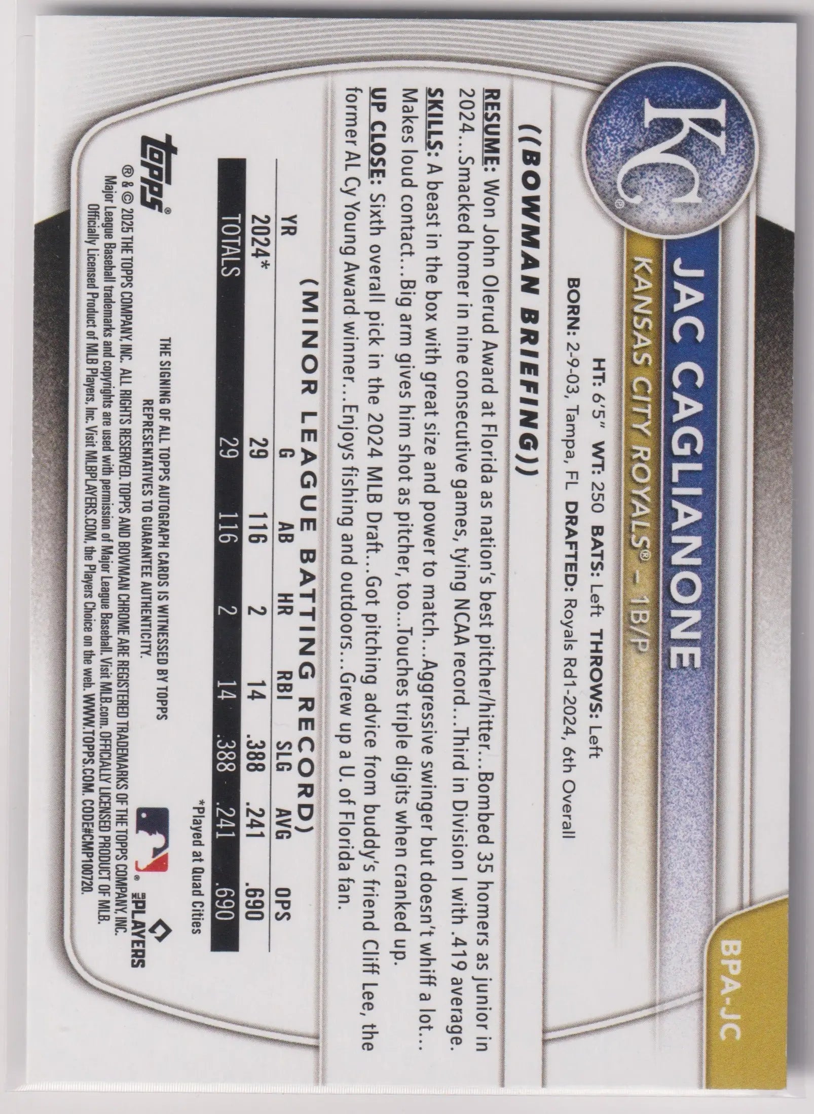 2025 Topps Bowman Autograph Jac Caglianone Auto 