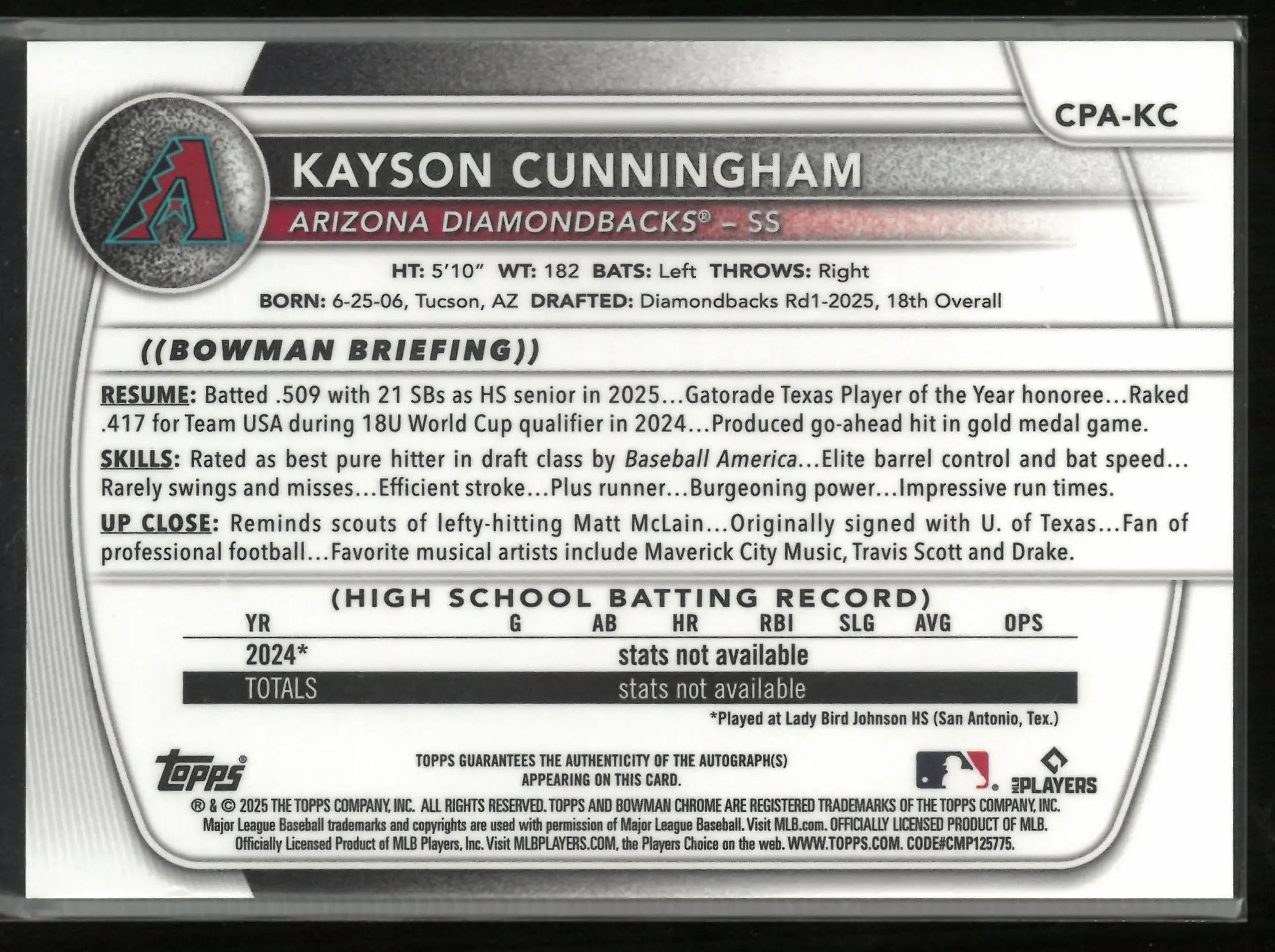 2025 Topps Bowman Chrome 1st Prospect Auto Kayson Cunningham #CPA-KC 