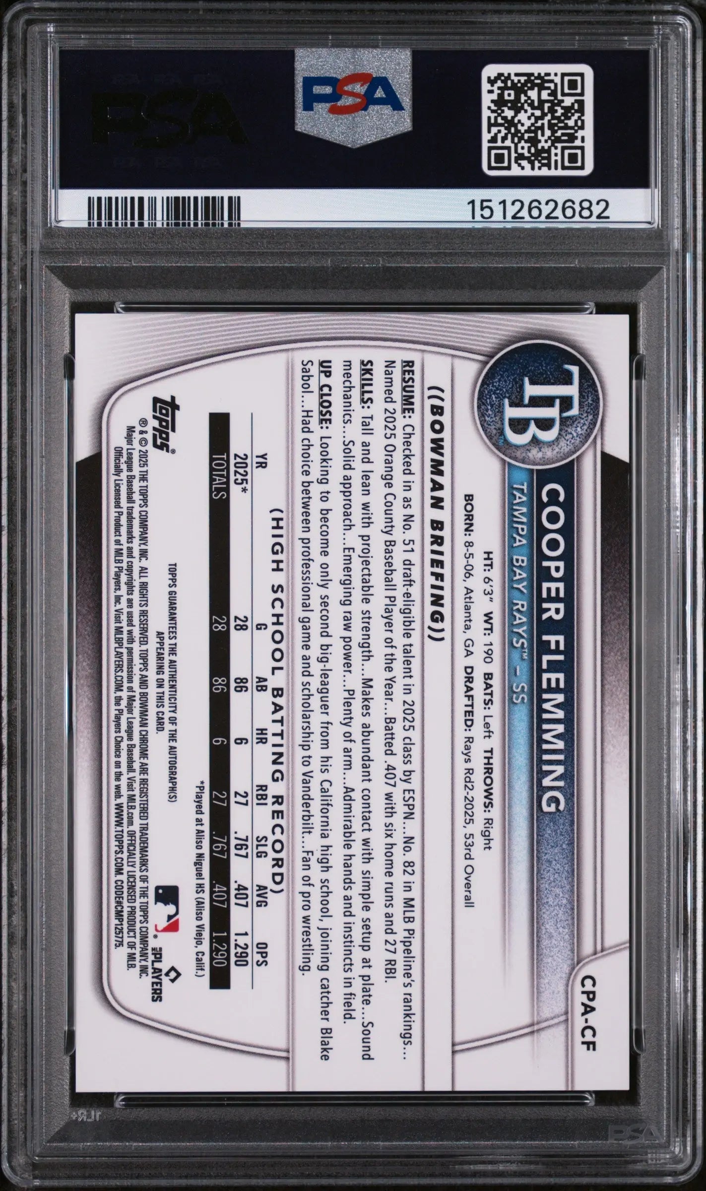 2025 Topps Bowman Chrome Autographs Cooper Flemming Auto Aqua Lava /199 PSA 10 