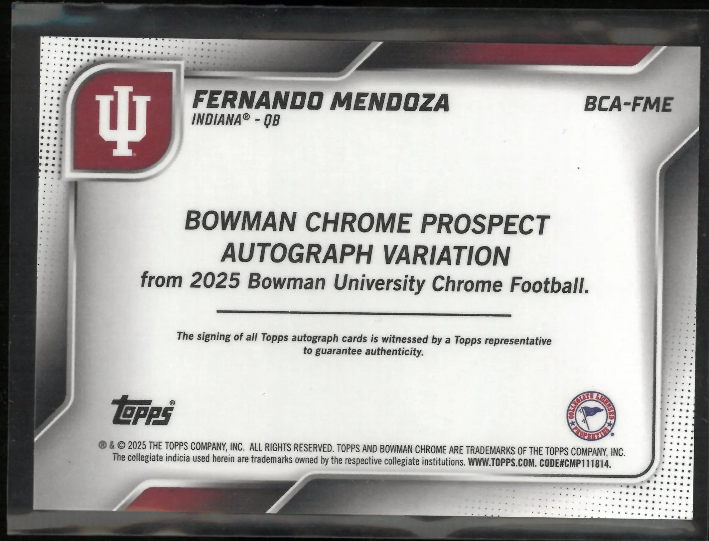 2025 Topps Bowman Chrome Prospect Auto University Fernando Mendoza Purple /75 