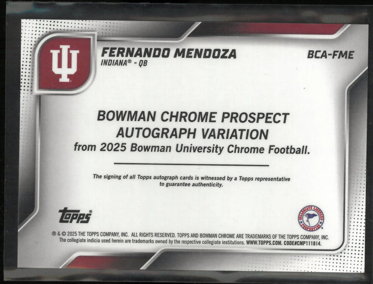 2025 Topps Bowman Chrome Prospect Auto University Fernando Mendoza Purple /75 