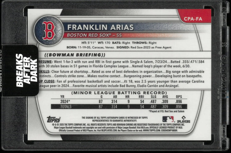 2025 Topps Bowman Chrome Prospect Autograph Franklin Arias Auto Speckle /200 