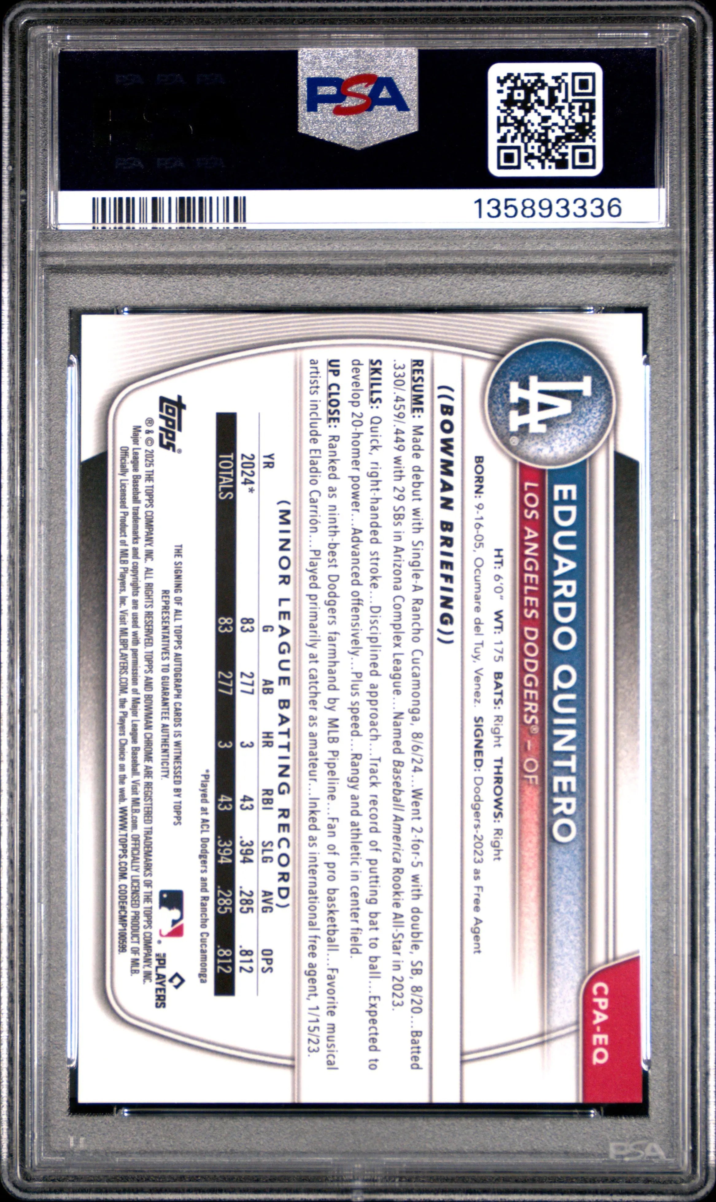 2025 Topps  Bowman Chrome Prospect Autographs Eduardo Quintero Auto PSA 10 