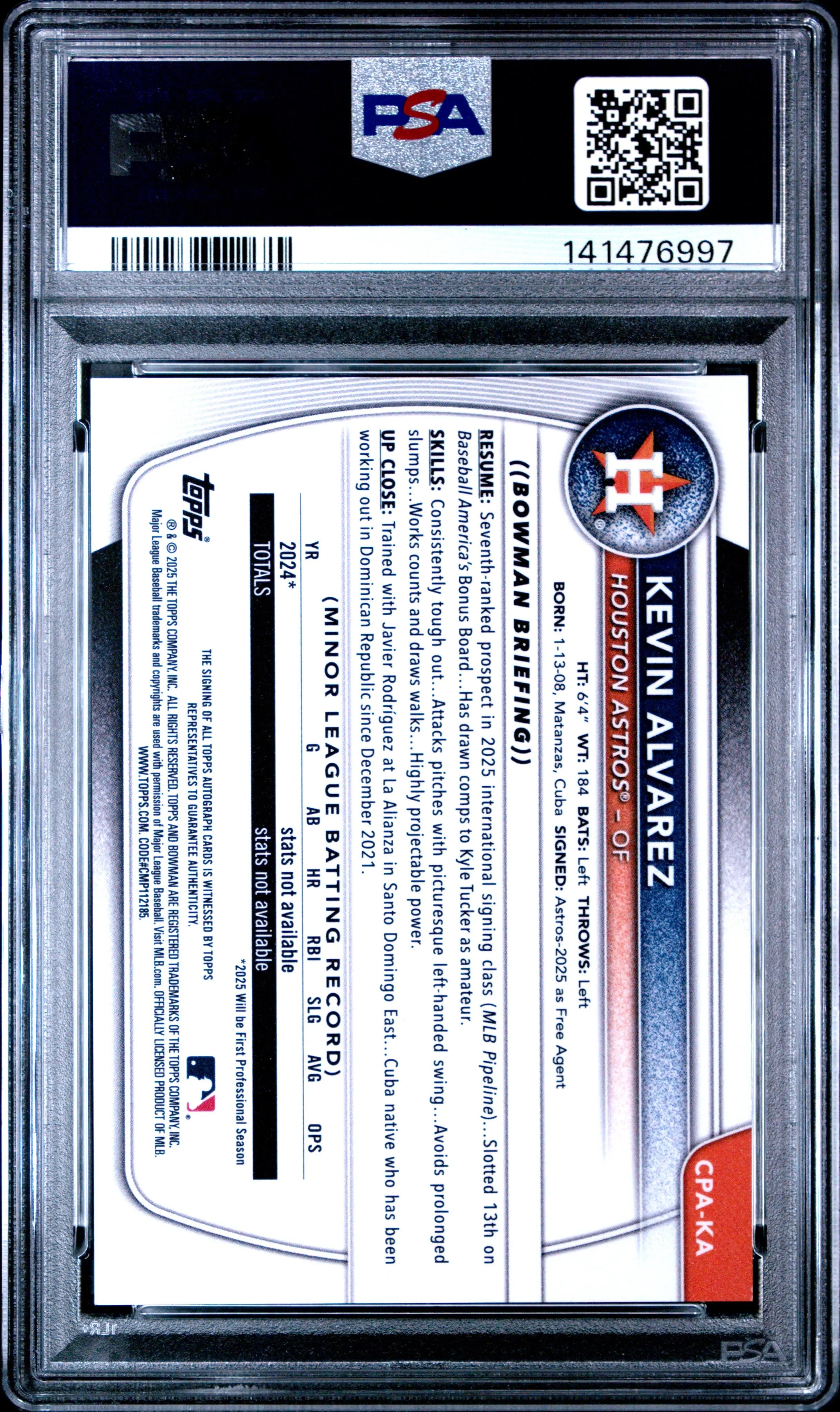 2025 Topps Bowman Chrome Prospect Autographs Kevin Alvarez Auto PSA 10 