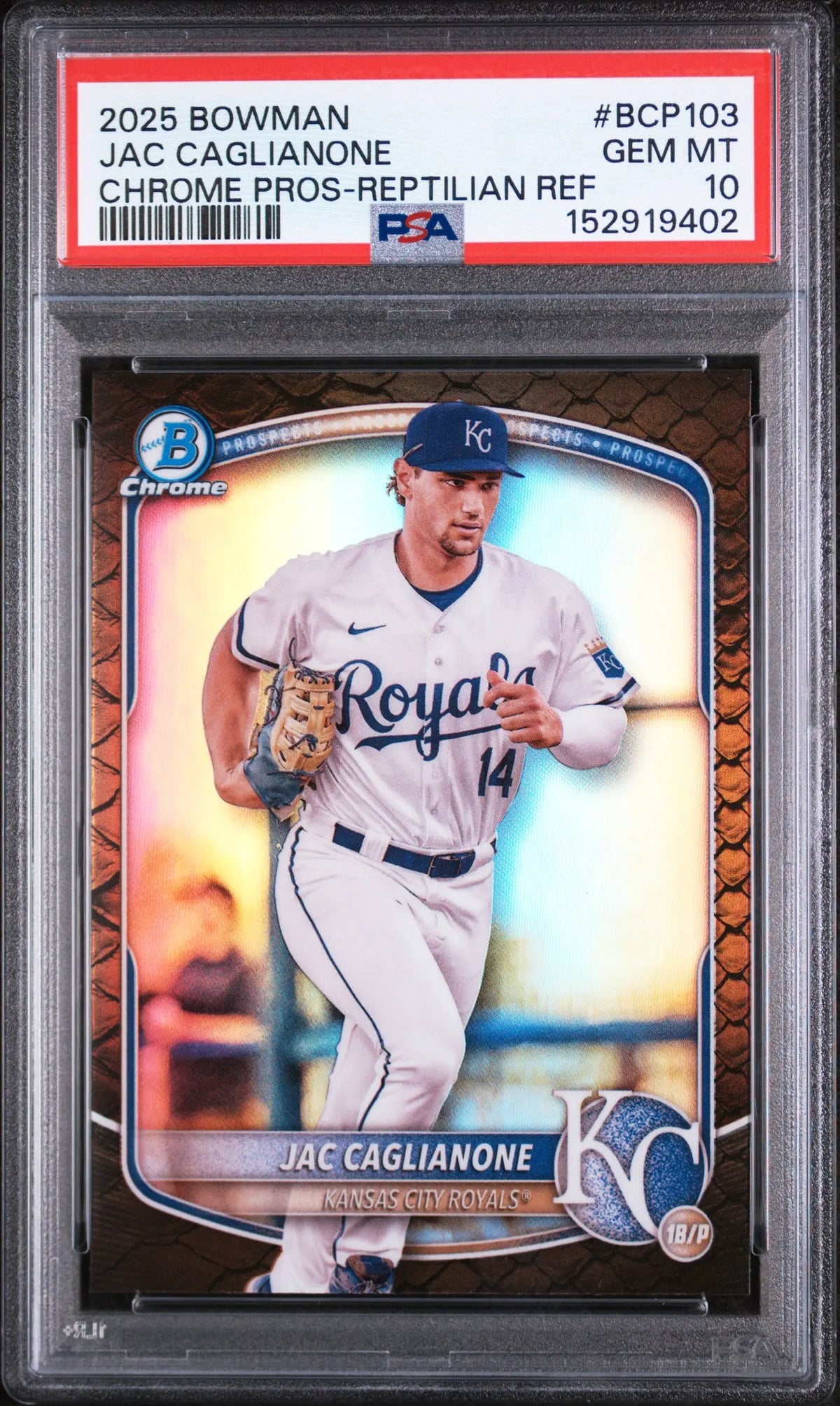 2025 Topps Bowman Chrome Prospects Jac Caglianone Reptilian Refractor PSA 10 