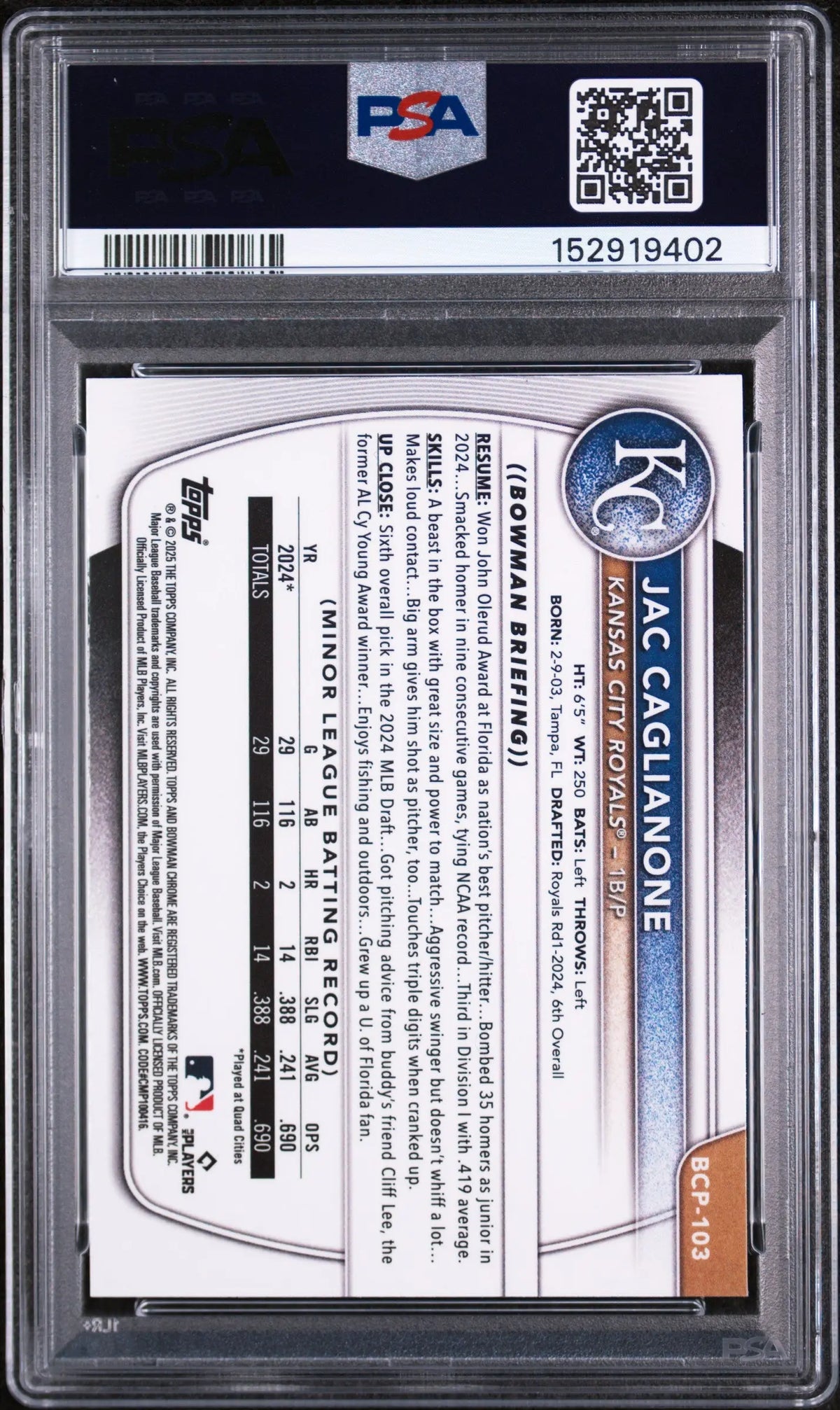 2025 Topps Bowman Chrome Prospects Jac Caglianone Reptilian Refractor PSA 10 